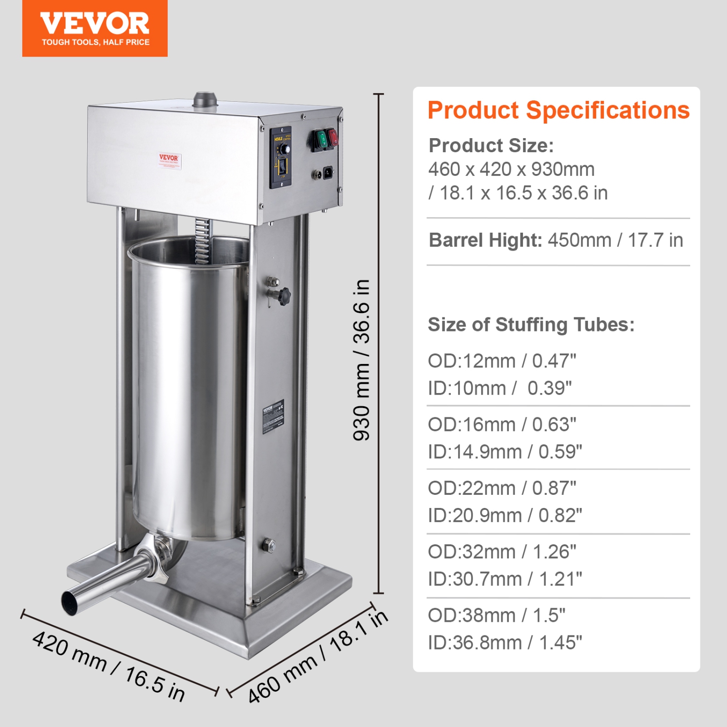 VEVOR 25 L / 55 LBS Electric Sausage Stuffer, Vertical Meat Stuffer, 400W Motor, Stepless Speed Control and Foot Pedal, Made of Food-grade 304