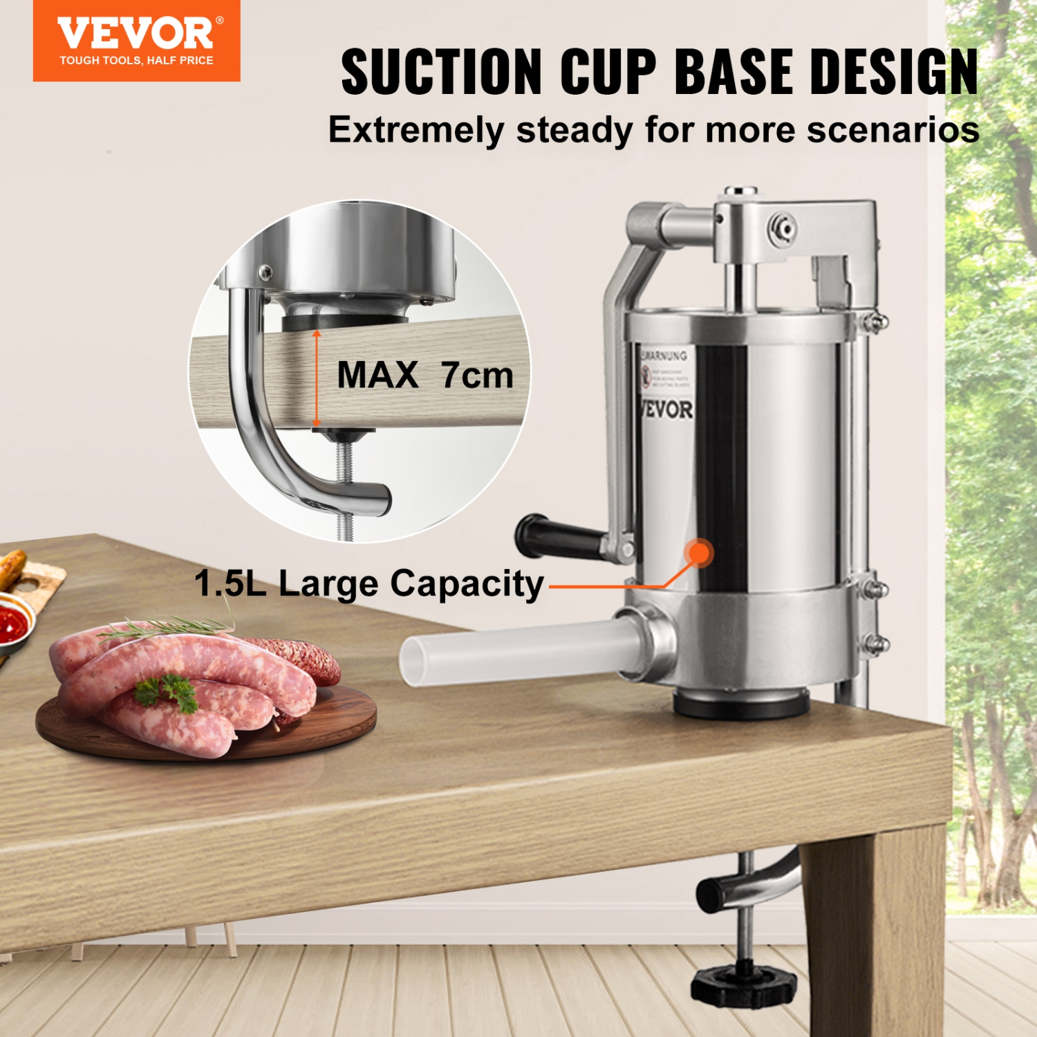 VEVOR 2.5LBS/1.5L Capacity Sausage Stuffer, 304 Stainless Steel Vertical Sausage Stuffer, Sausage Filling Machine with 3 Stuffing Tubes, Suction Base