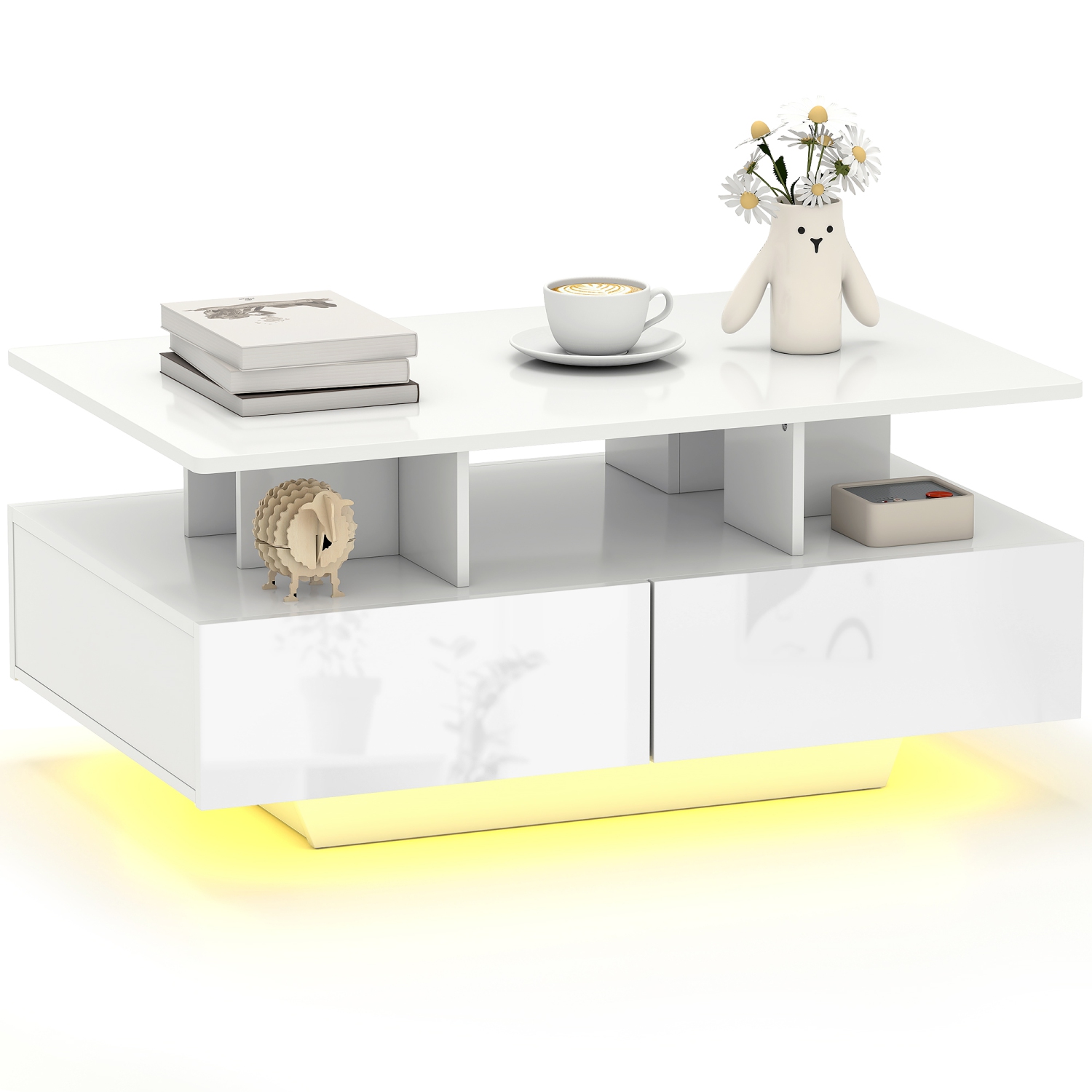 HOMCOM – Table basse avec rangement LED, table centrale moderne avec 4 tiroirs, tablette ouverte et télécommande pour le salon, blanc lustré