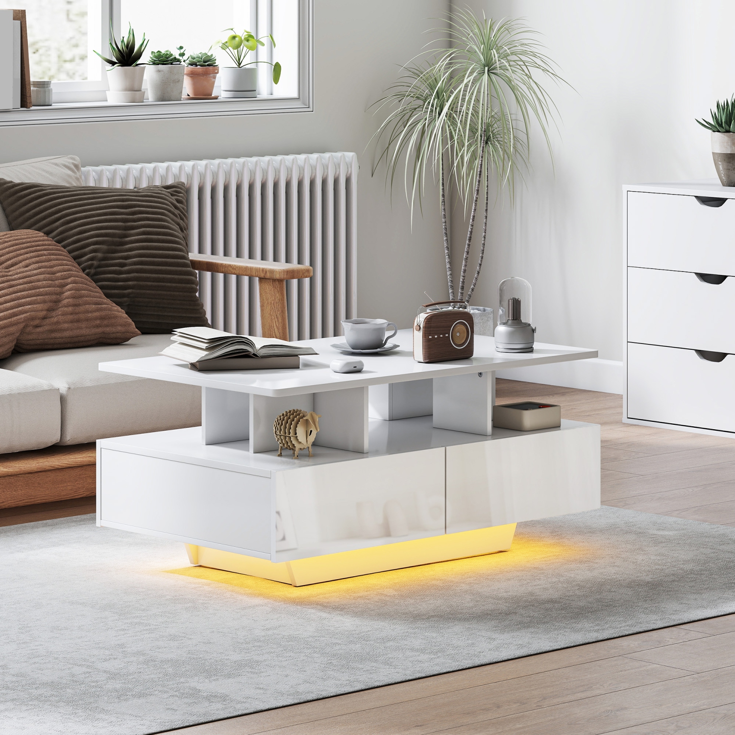 HOMCOM – Table basse avec rangement LED, table centrale moderne avec 4 tiroirs, tablette ouverte et télécommande pour le salon, blanc lustré