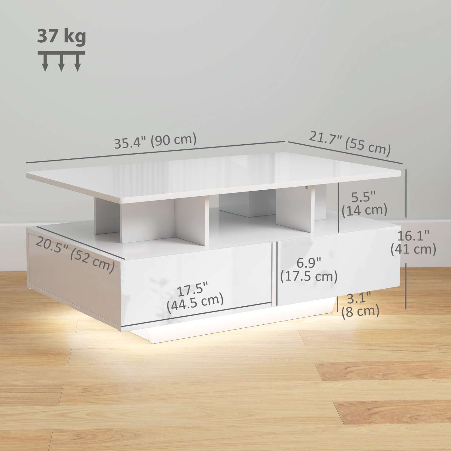 HOMCOM – Table basse avec rangement LED, table centrale moderne avec 4 tiroirs, tablette ouverte et télécommande pour le salon, blanc lustré