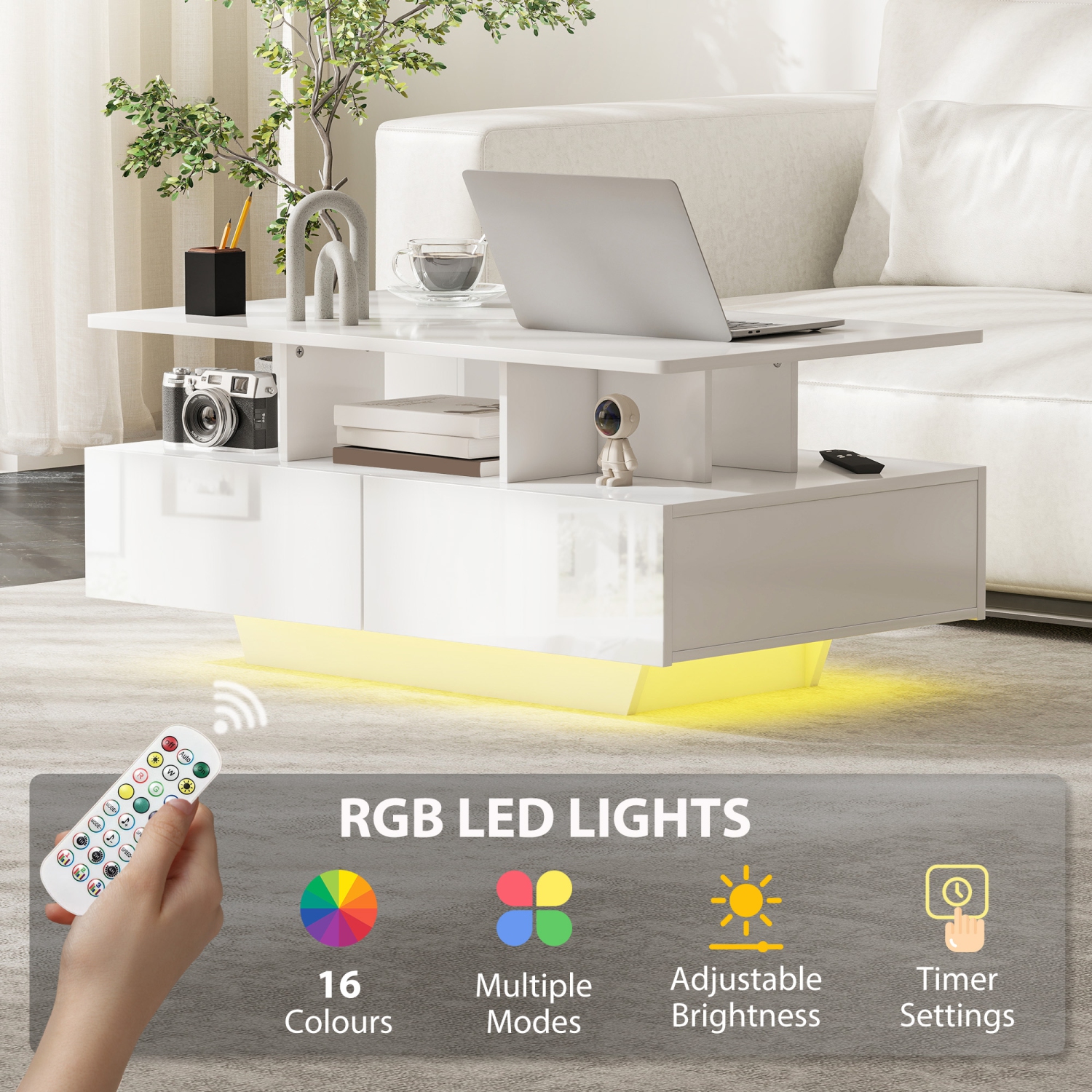 HOMCOM – Table basse avec rangement LED, table centrale moderne avec 4 tiroirs, tablette ouverte et télécommande pour le salon, blanc lustré