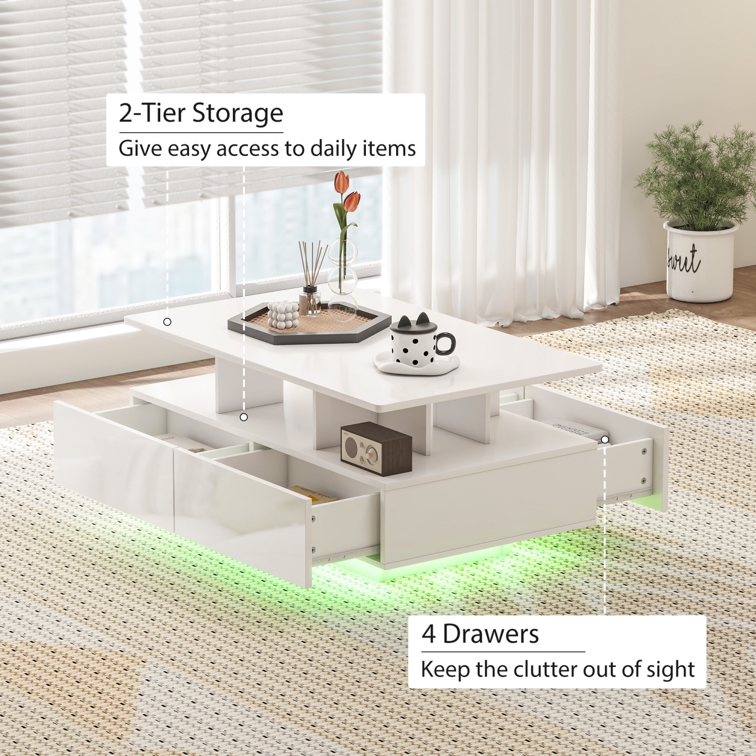 HOMCOM – Table basse avec rangement LED, table centrale moderne avec 4 tiroirs, tablette ouverte et télécommande pour le salon, blanc lustré