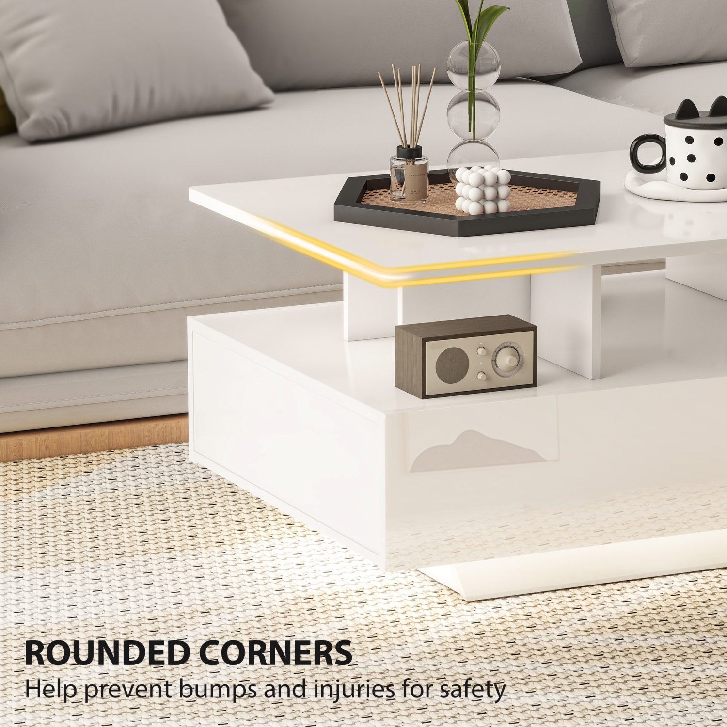 HOMCOM – Table basse avec rangement LED, table centrale moderne avec 4 tiroirs, tablette ouverte et télécommande pour le salon, blanc lustré