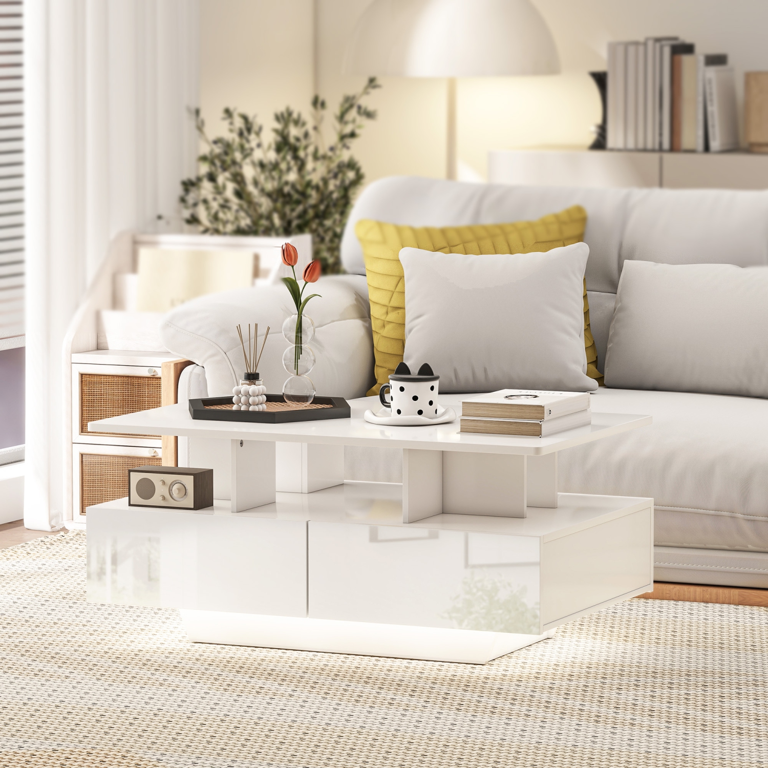 HOMCOM – Table basse avec rangement LED, table centrale moderne avec 4 tiroirs, tablette ouverte et télécommande pour le salon, blanc lustré