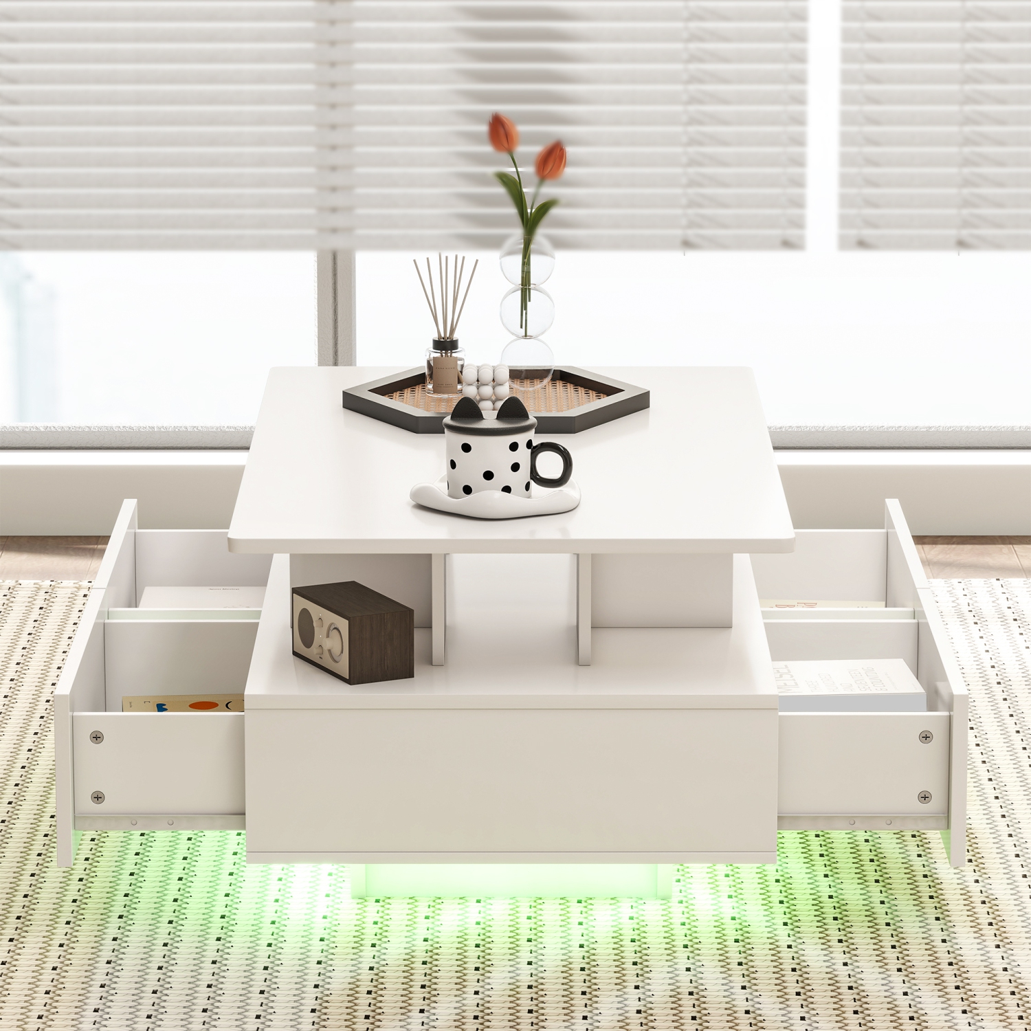 HOMCOM – Table basse avec rangement LED, table centrale moderne avec 4 tiroirs, tablette ouverte et télécommande pour le salon, blanc lustré