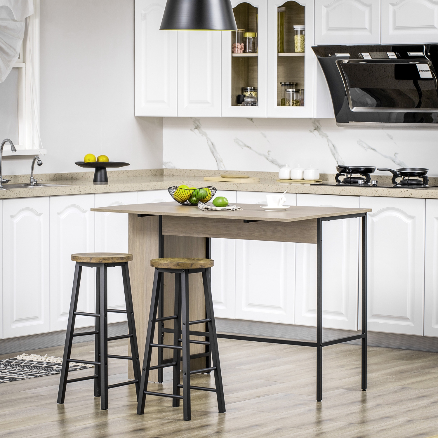 HOMCOM Extendable Bar Table with Drop Leaf, Counter Height Table, Foldable Pub Table with Adjustable Storage Shelf, Light Grey