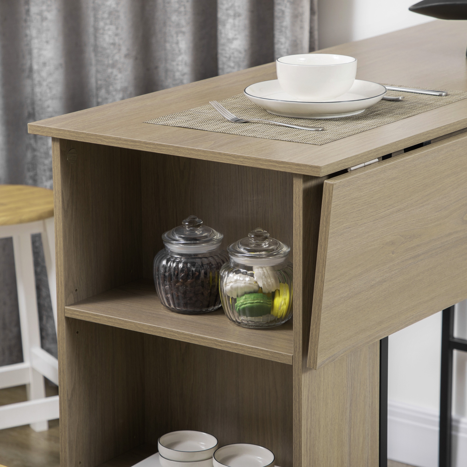 HOMCOM Extendable Bar Table with Drop Leaf, Counter Height Table, Foldable Pub Table with Adjustable Storage Shelf, Light Grey