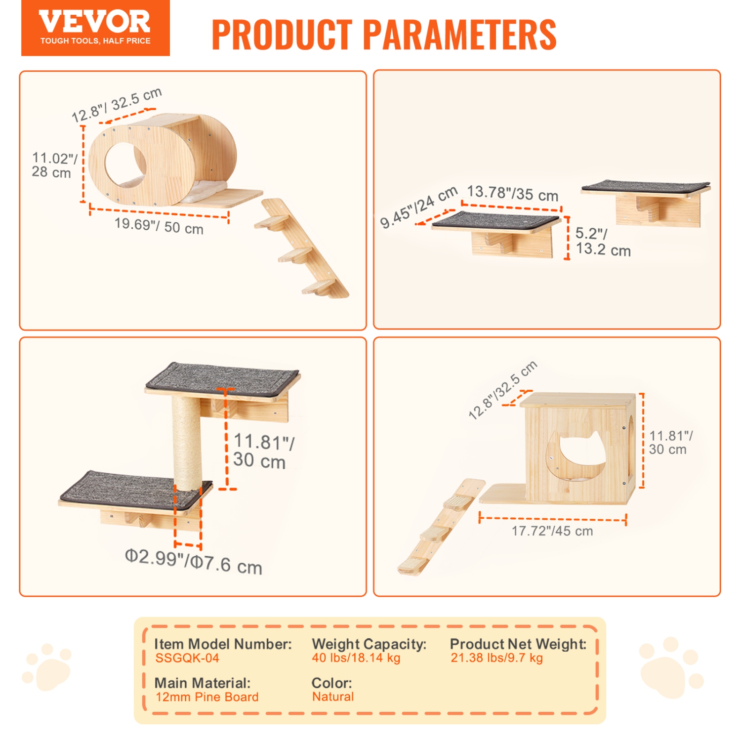 VEVOR Wall Mounted Cat Shelves, Cat Wall Shelves and Perches with Jumping Boards, Cat Beds,Hammocks & Cat Tree,Cat Furniture and Shelves up to 40 lbs