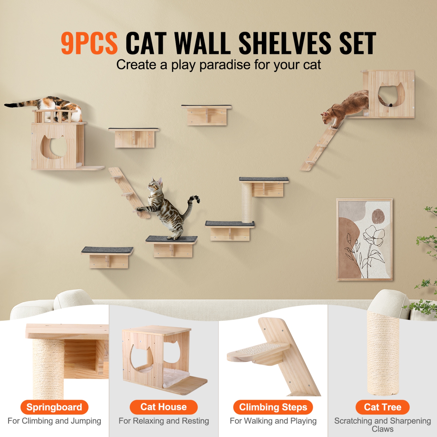 VEVOR Wall Mounted Cat Shelves,Cat Wall Shelves and Perches with Jumping Boards, Cat Beds, Hammocks & Cat Tree, Cat Furniture and Shelves up to 40