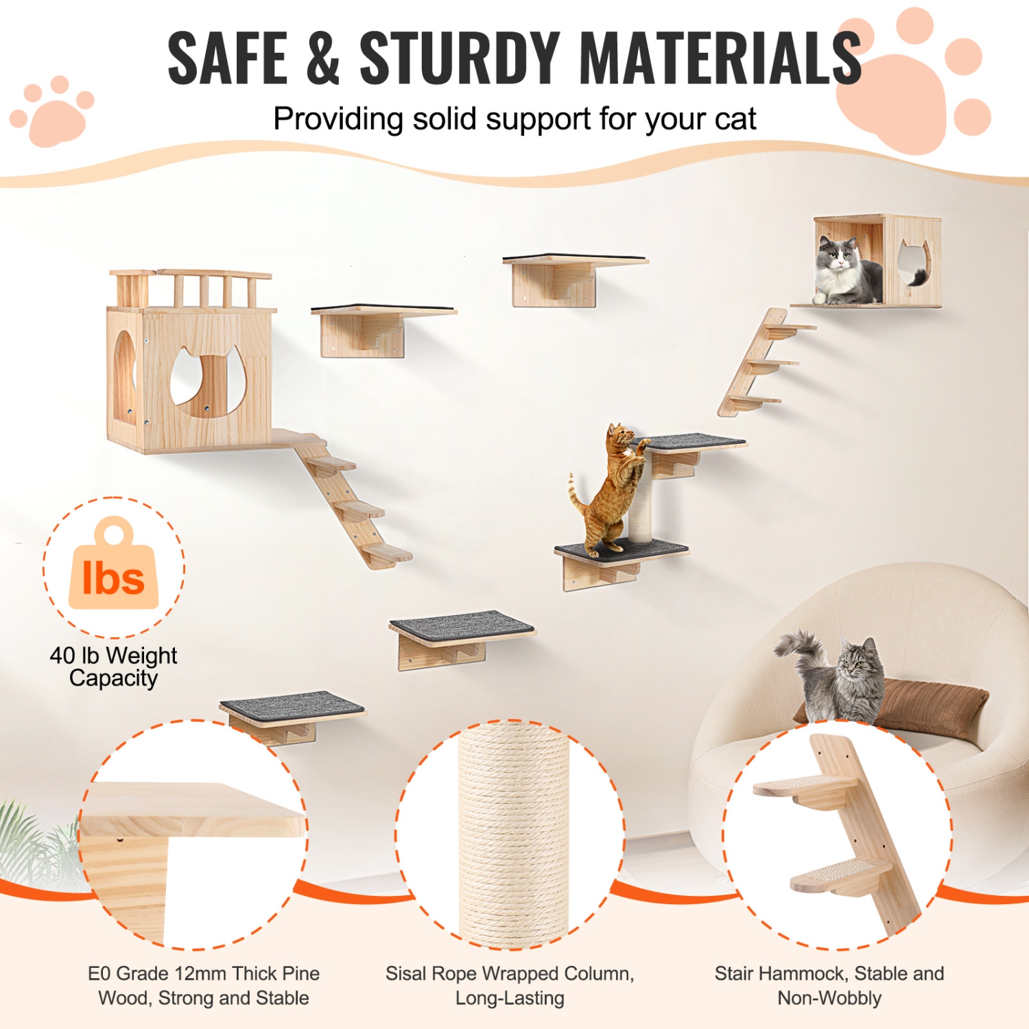 VEVOR Wall Mounted Cat Shelves,Cat Wall Shelves and Perches with Jumping Boards, Cat Beds, Hammocks & Cat Tree, Cat Furniture and Shelves up to 40