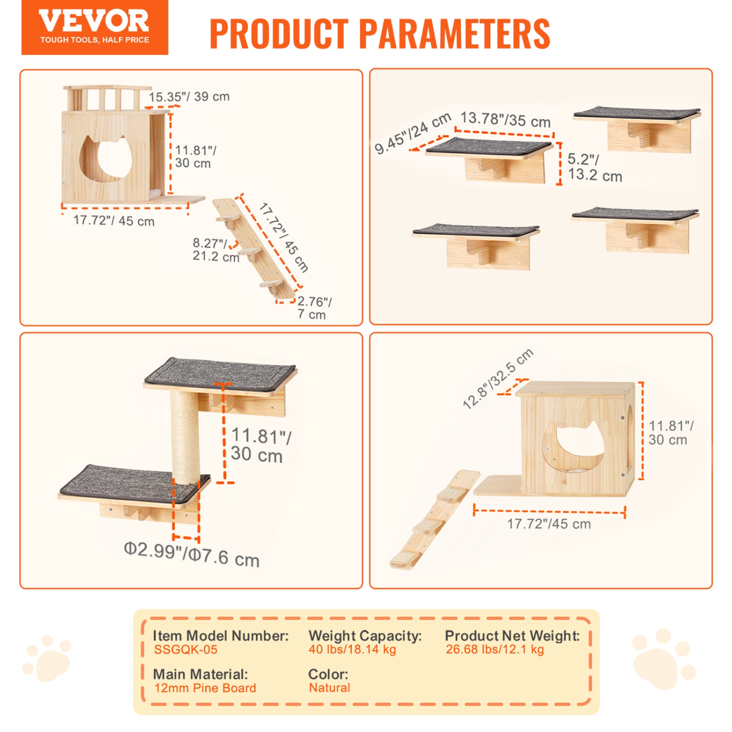 VEVOR Wall Mounted Cat Shelves,Cat Wall Shelves and Perches with Jumping Boards, Cat Beds, Hammocks & Cat Tree, Cat Furniture and Shelves up to 40