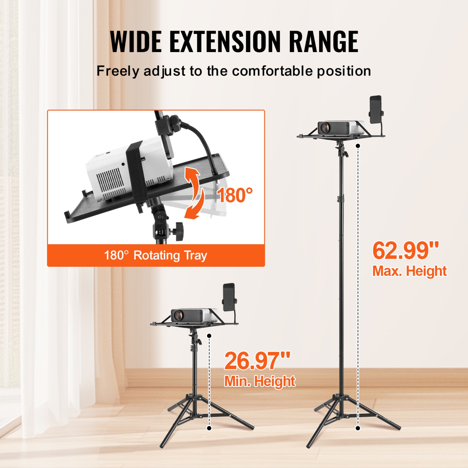 VEVOR Projector Stand, Laptop Stand Tripod Adjustable Height from 26.97 to 63 in, Portable Projector Tripod Stand with Tray & Gooseneck Phone Holder,