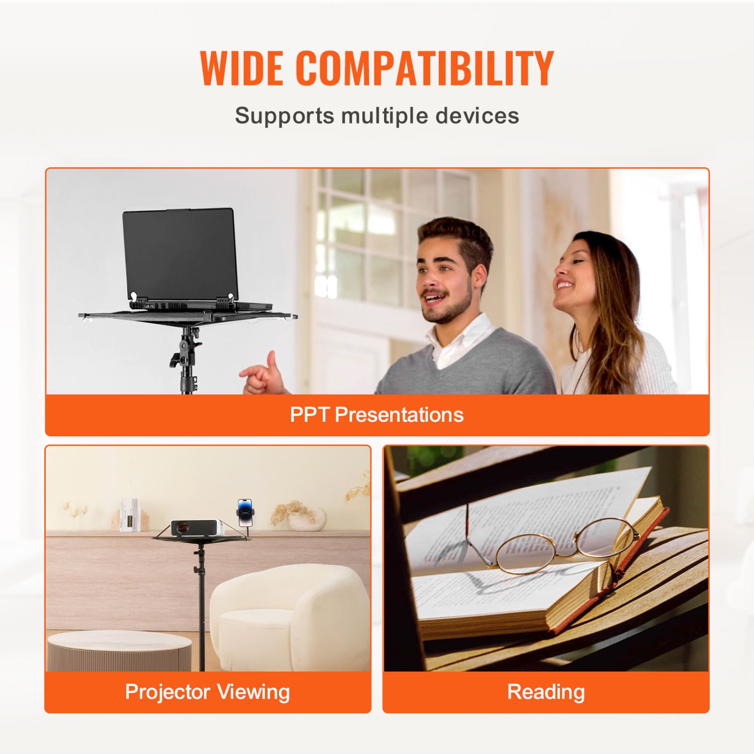 VEVOR Projector Stand, Laptop Stand Tripod Adjustable Height from 26.97 to 63 in, Portable Projector Tripod Stand with Tray & Gooseneck Phone Holder,