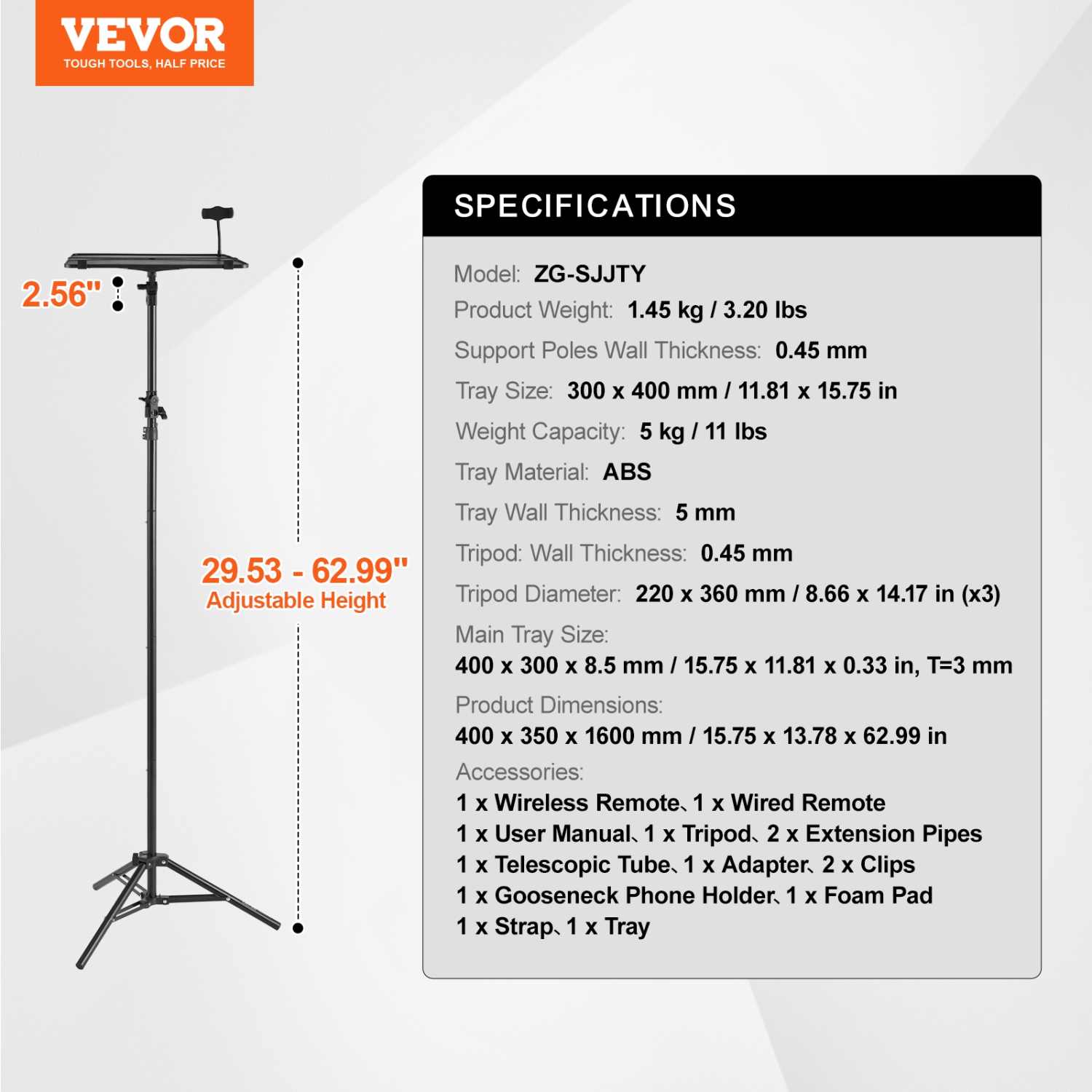 VEVOR Projector Stand, Laptop Stand Tripod Adjustable Height from 26.97 to 63 in, Portable Projector Tripod Stand with Tray & Gooseneck Phone Holder,