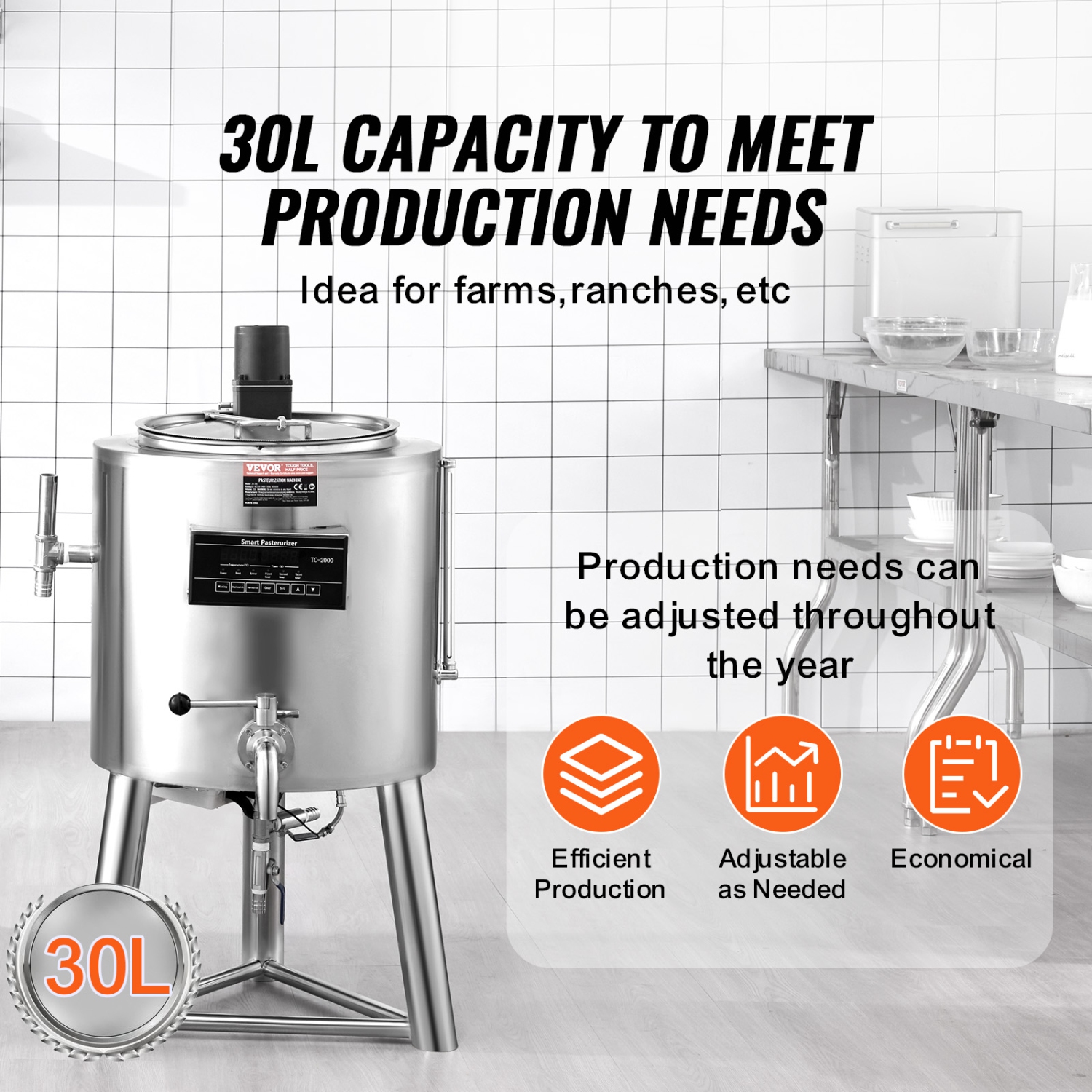 VEVOR 30L Milk Pasteurizer , Commercial Milk Pasteurization Machine, Food Grade 304 Stainless Steel, Professional Pasteurization with Time and
