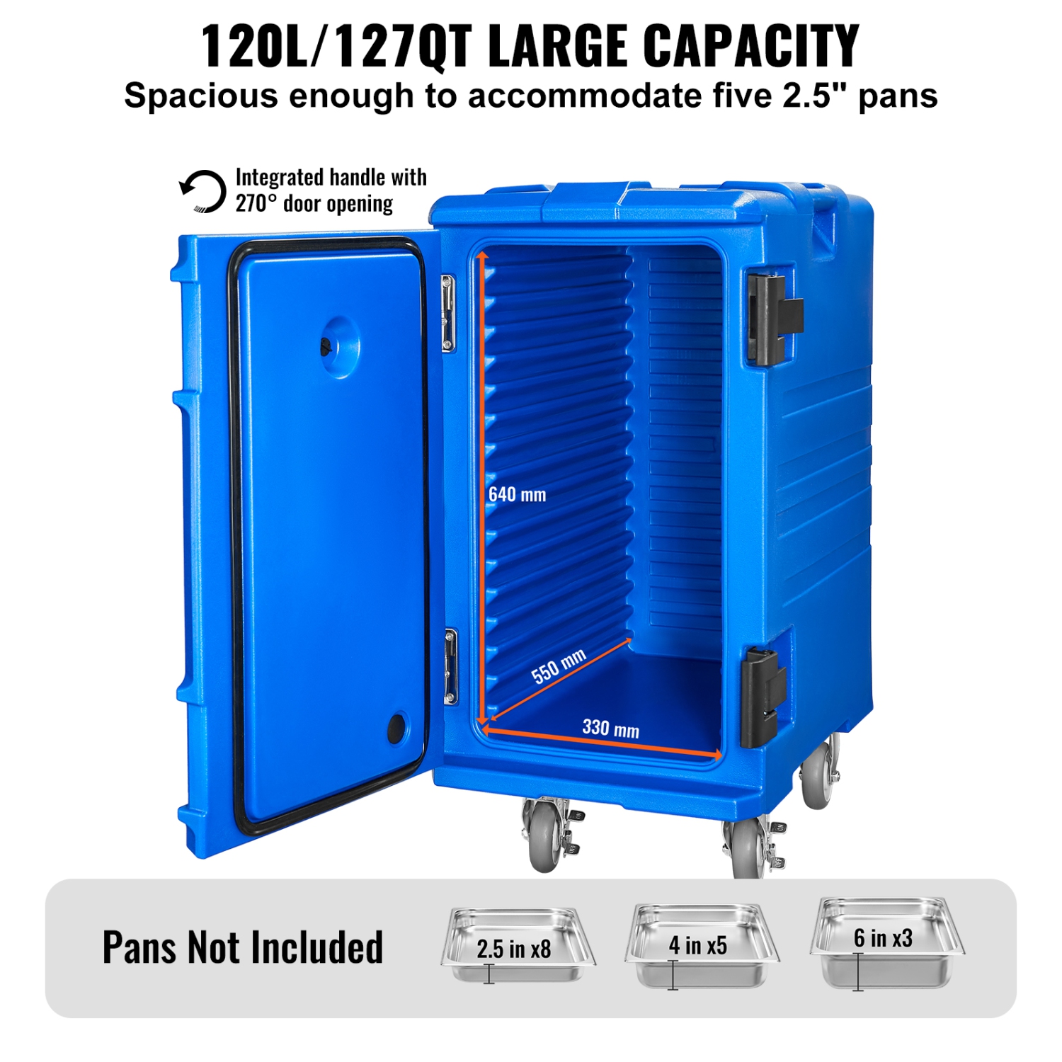VEVOR 127 Qt Insulated Food Pan Carrier, Food Box Carrier with Double Buckles, Front Loading Food Warmer with Handles, End Loader with Wheels for