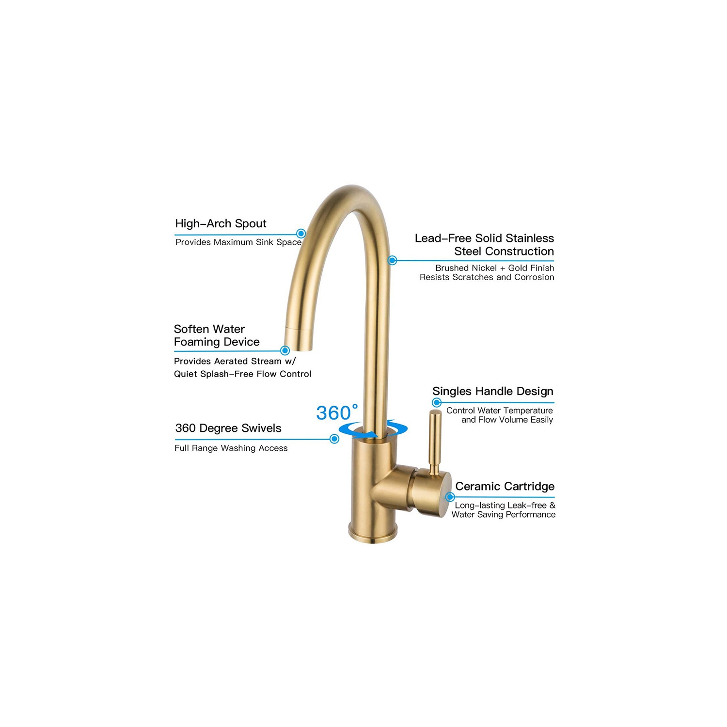 Gold Kitchen Single Cold Water Faucet, Stainless Steel Sink Tap for Kitchen