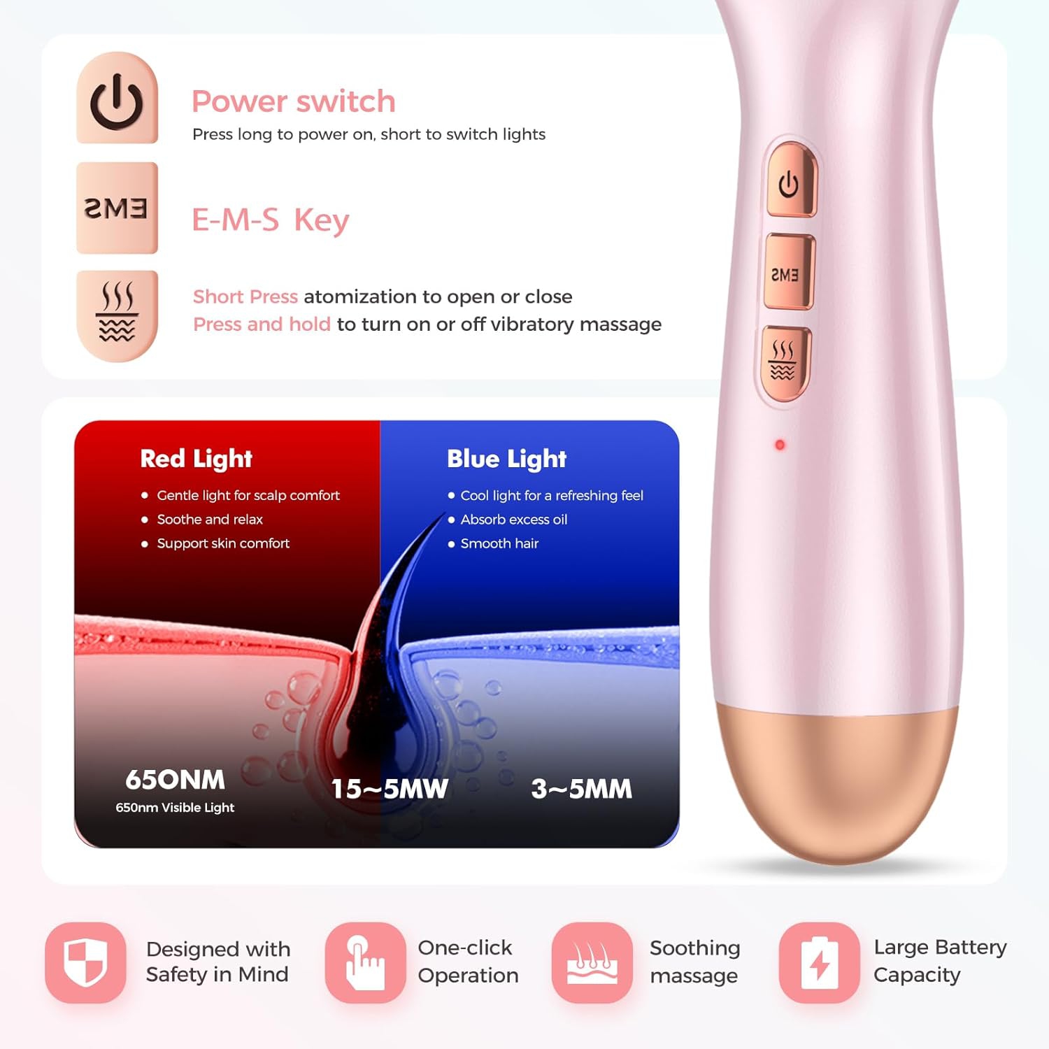 Peigne de massage rechargeable pour le cuir chevelu, brosse applicatrice d'huile capillaire Nano Mist, peigne de soins pour les cheveux Red Blue