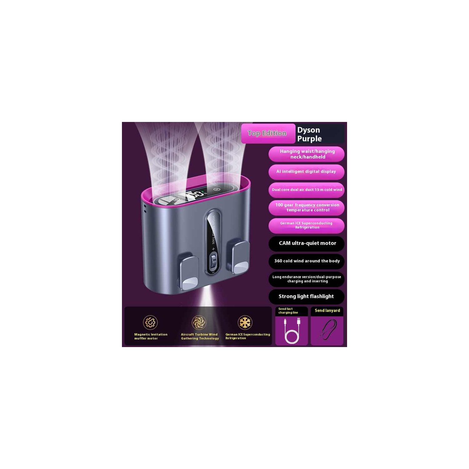 New waist hanging fan, touch lighting hanging neck small fan with LED display, night light, rechargeable wearable belt - double wind hanging neck