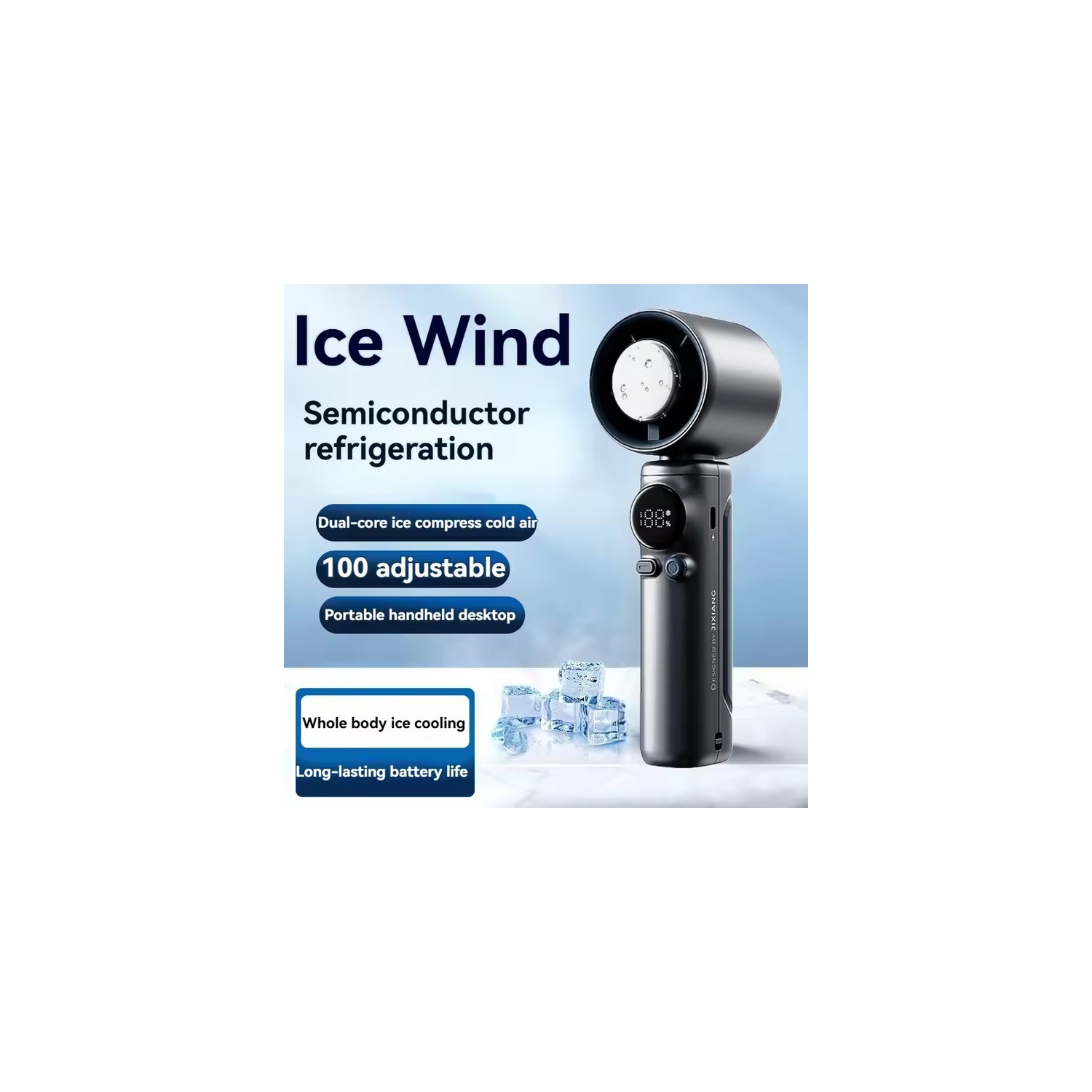 New 100-speed high-speed handheld fan turbine semiconductor ice crystal cooling digital display small fan portable USB charging outdoor indoor travel