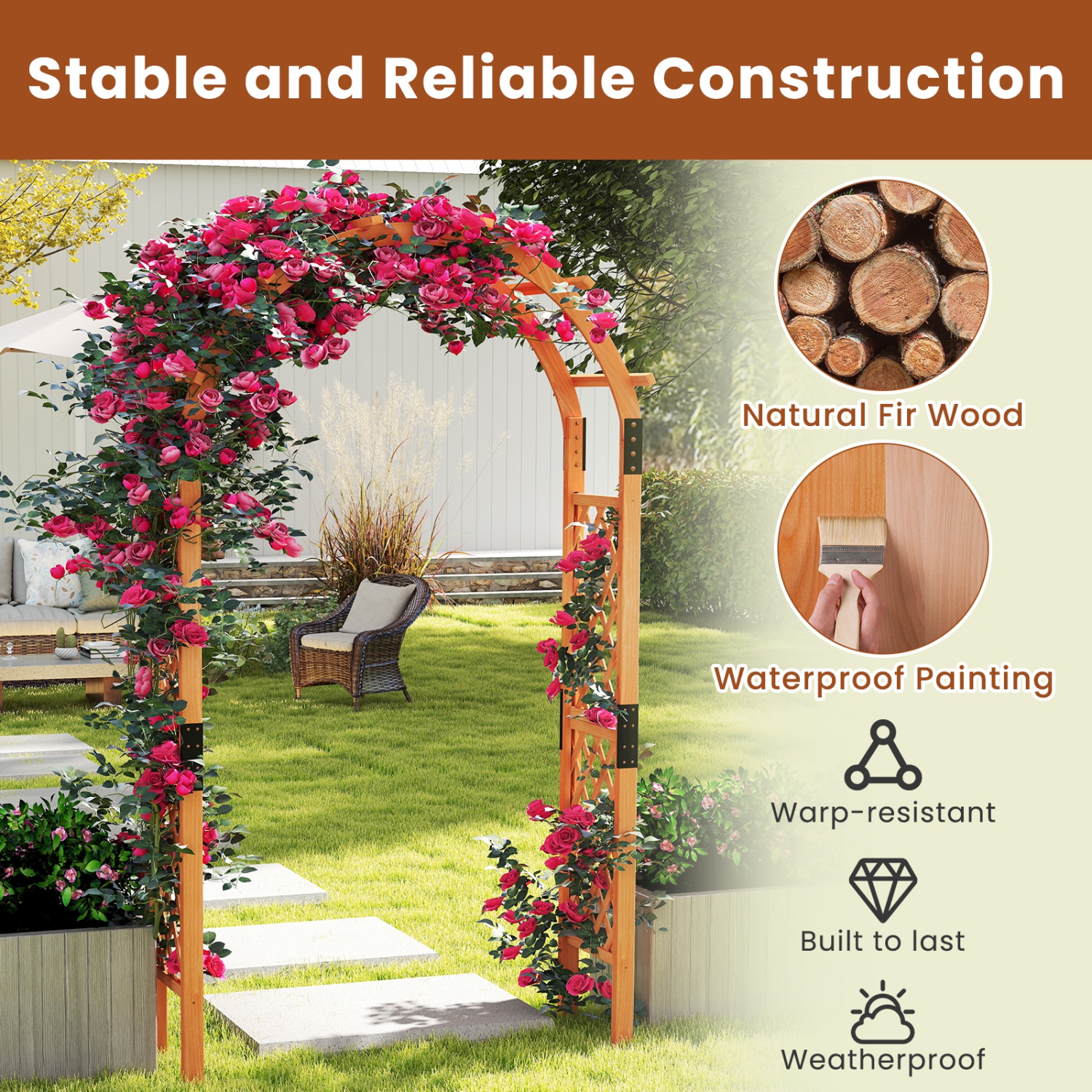 Gymax 7.7 FT Garden Arch Wooden Arbor Outdoor Wood Trellis for Climbing Plants