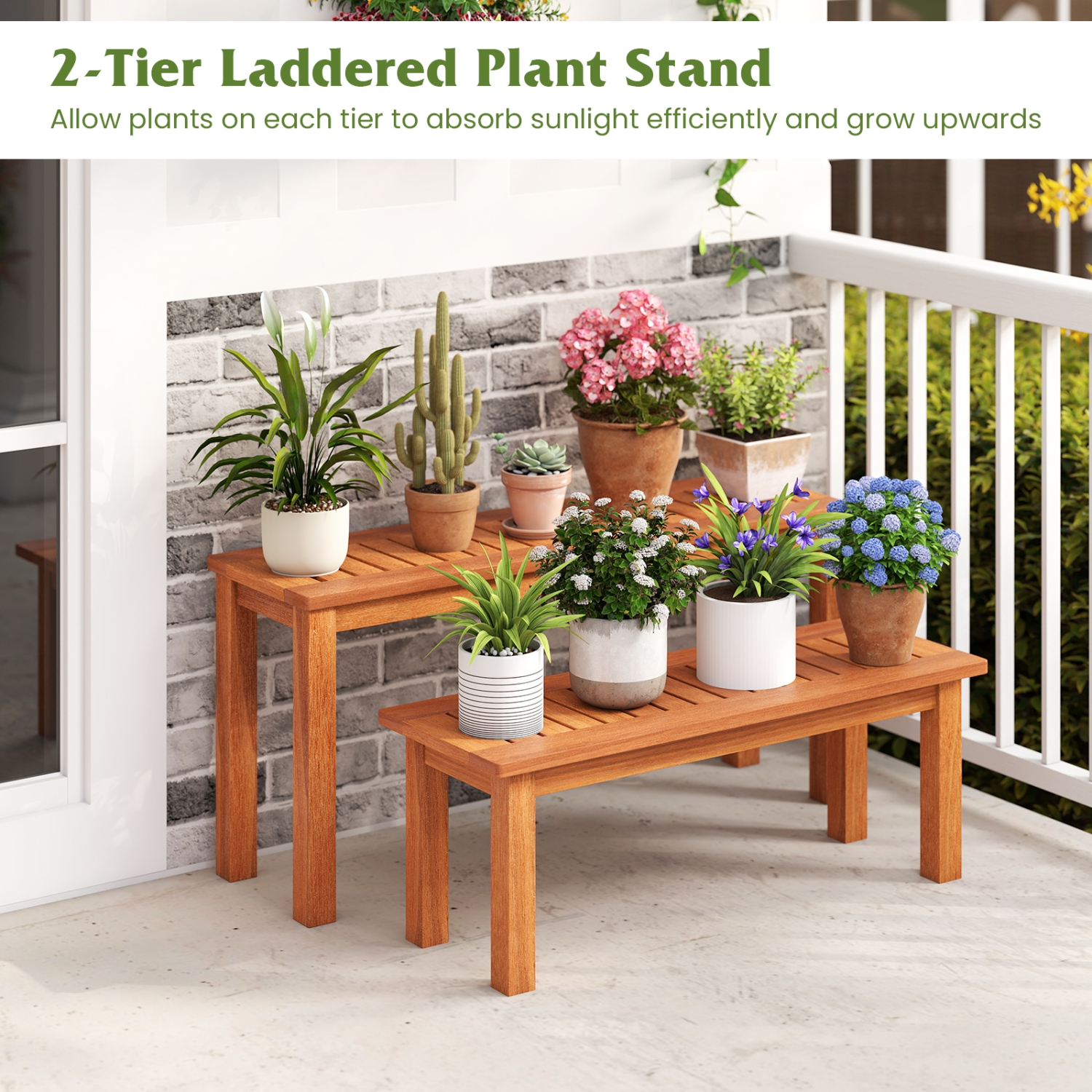 Gymax Wooden Plant Stand Set of 2 w/ Teak Oil Finish Slatted Top Rustic Plant Rack