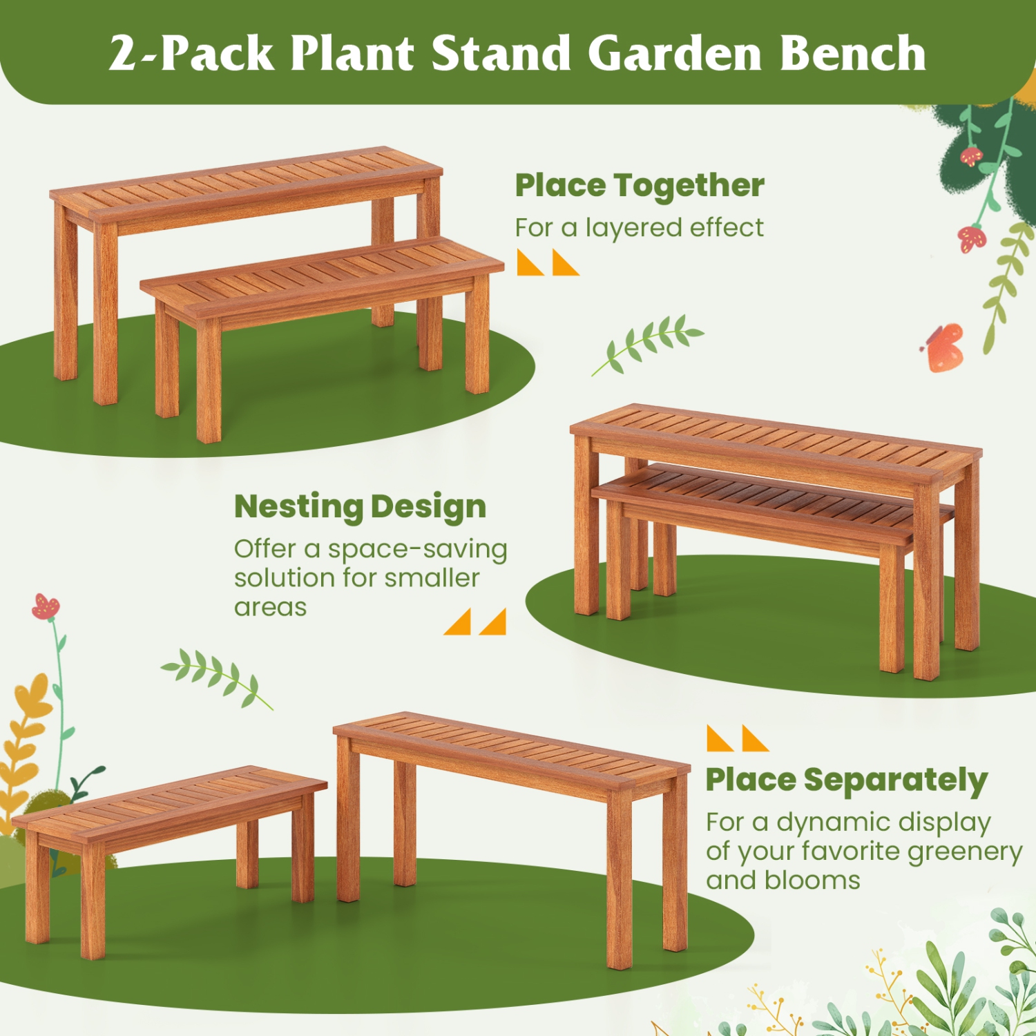 Gymax Wooden Plant Stand Set of 2 w/ Teak Oil Finish Slatted Top Rustic Plant Rack