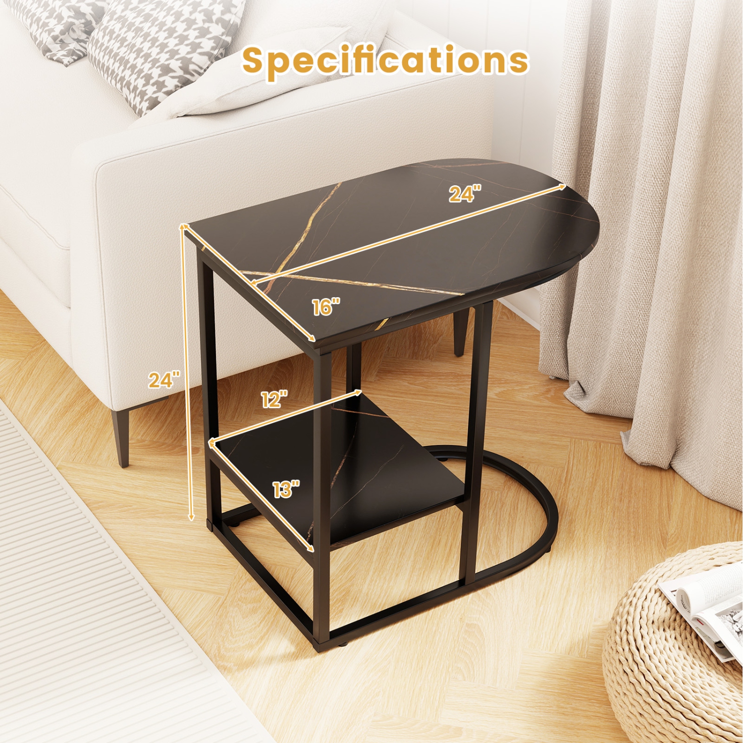 Gymax C-Shaped Side Table Compact 2-tier Storage End Table for Small Space