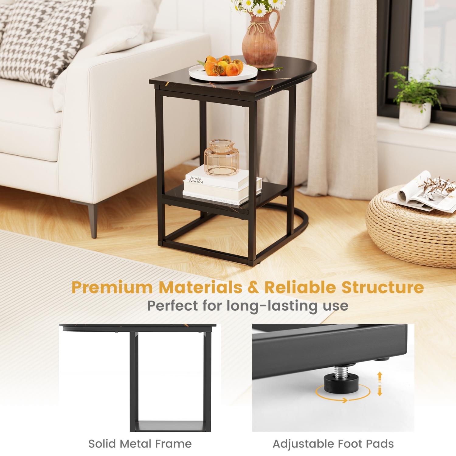 Gymax C-Shaped Side Table Compact 2-tier Storage End Table for Small Space