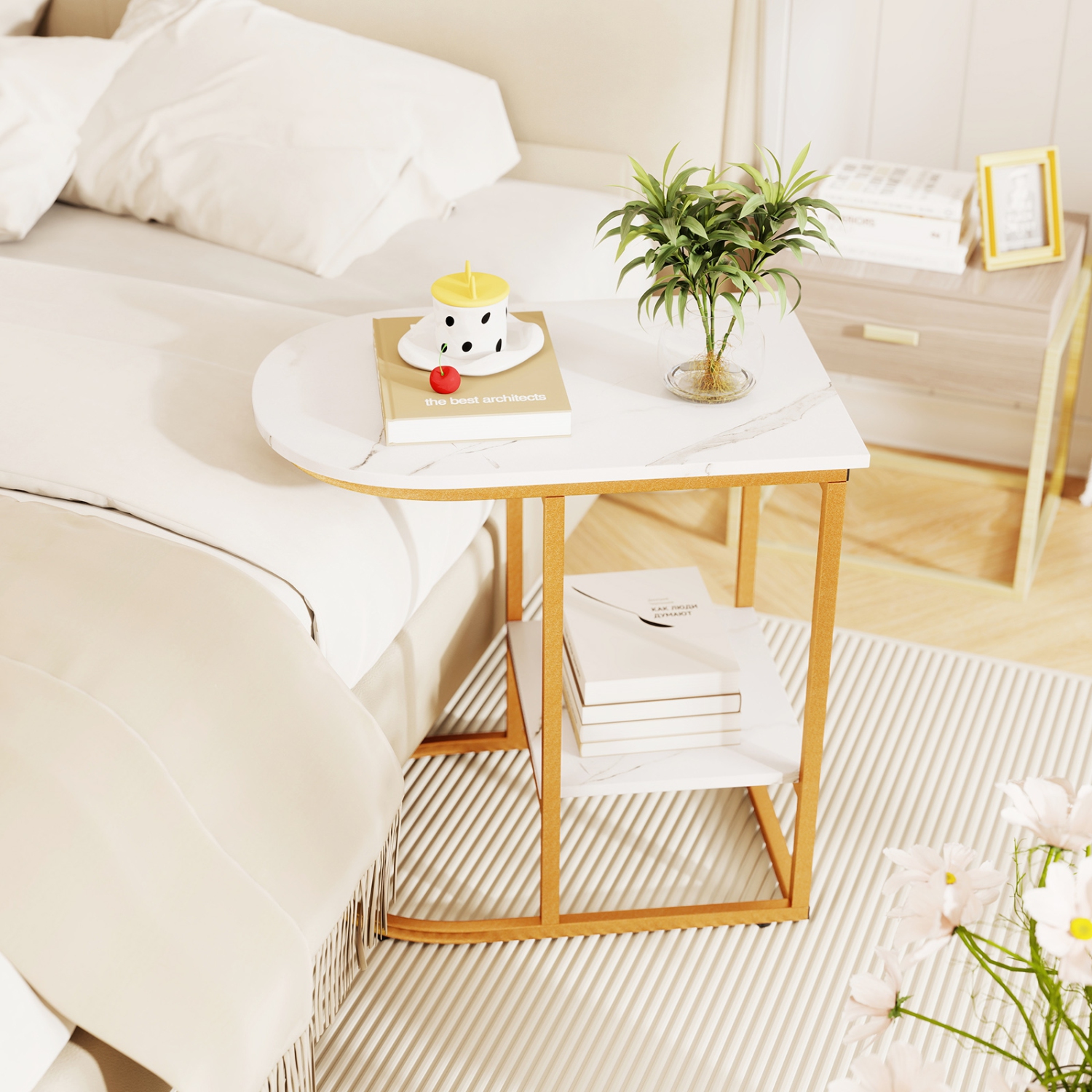 Gymax C-Shaped Side Table Compact 2-tier Storage End Table for Small Space