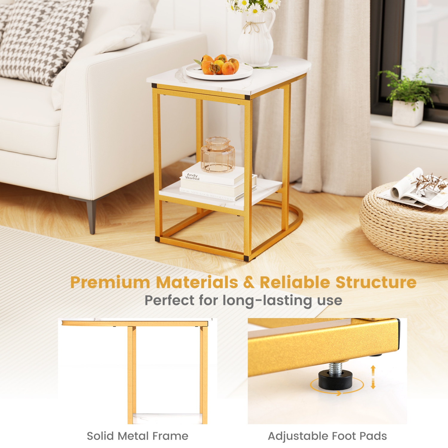Gymax C-Shaped Side Table Compact 2-tier Storage End Table for Small Space