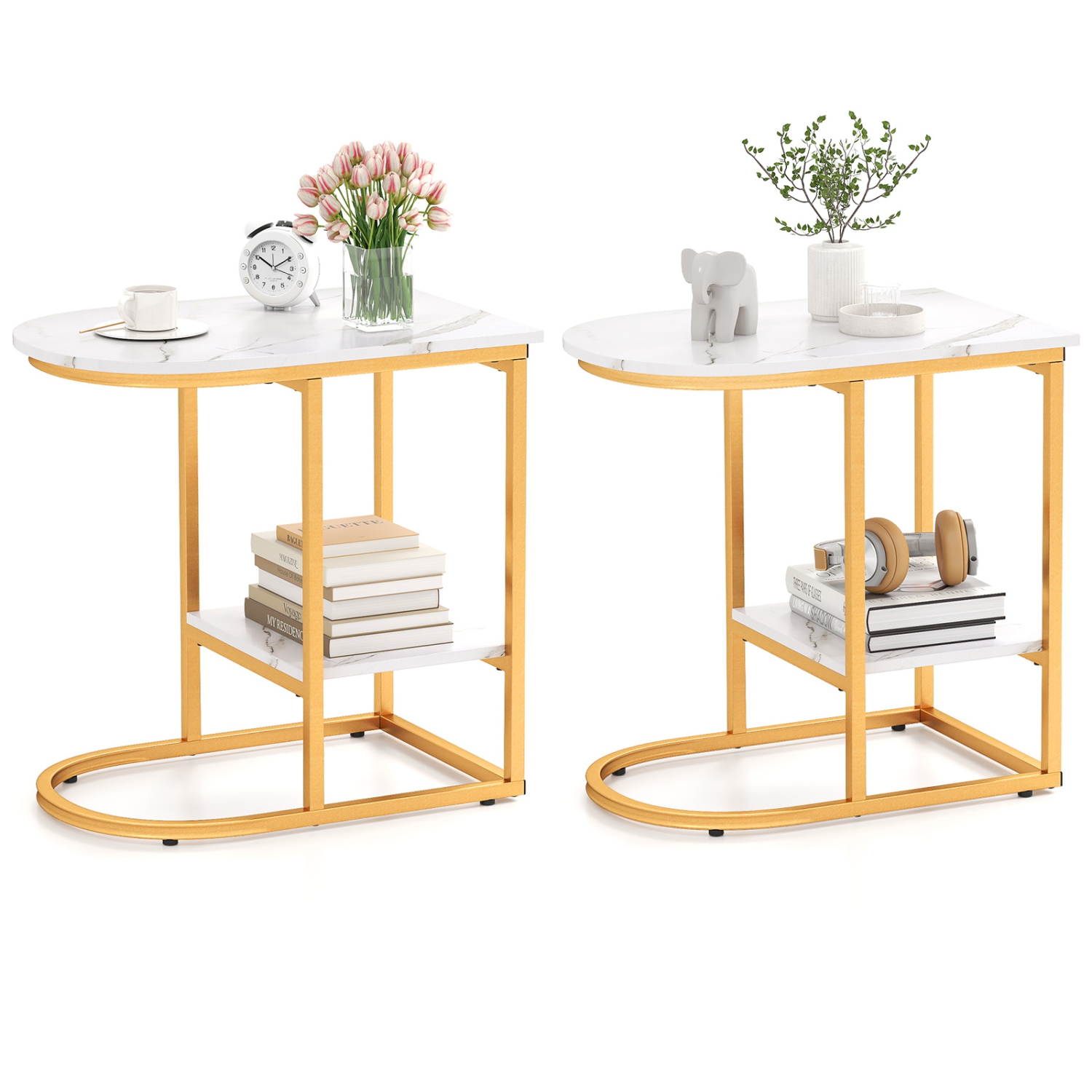 Gymax 2PCS C-Shaped Side Table Compact 2-tier Storage End Table for Small Space