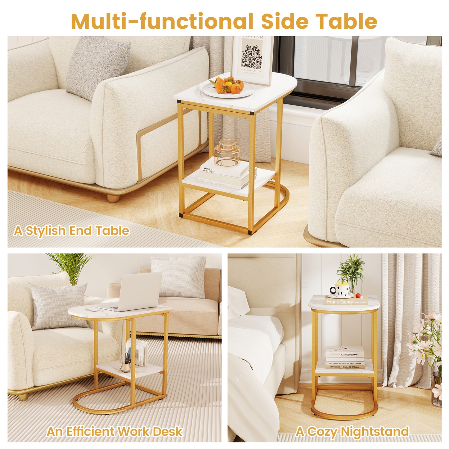 Gymax 2PCS C-Shaped Side Table Compact 2-tier Storage End Table for Small Space