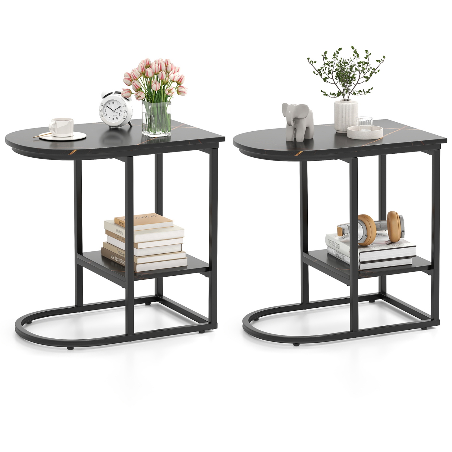 Gymax 2PCS C-Shaped Side Table Compact 2-tier Storage End Table for Small Space