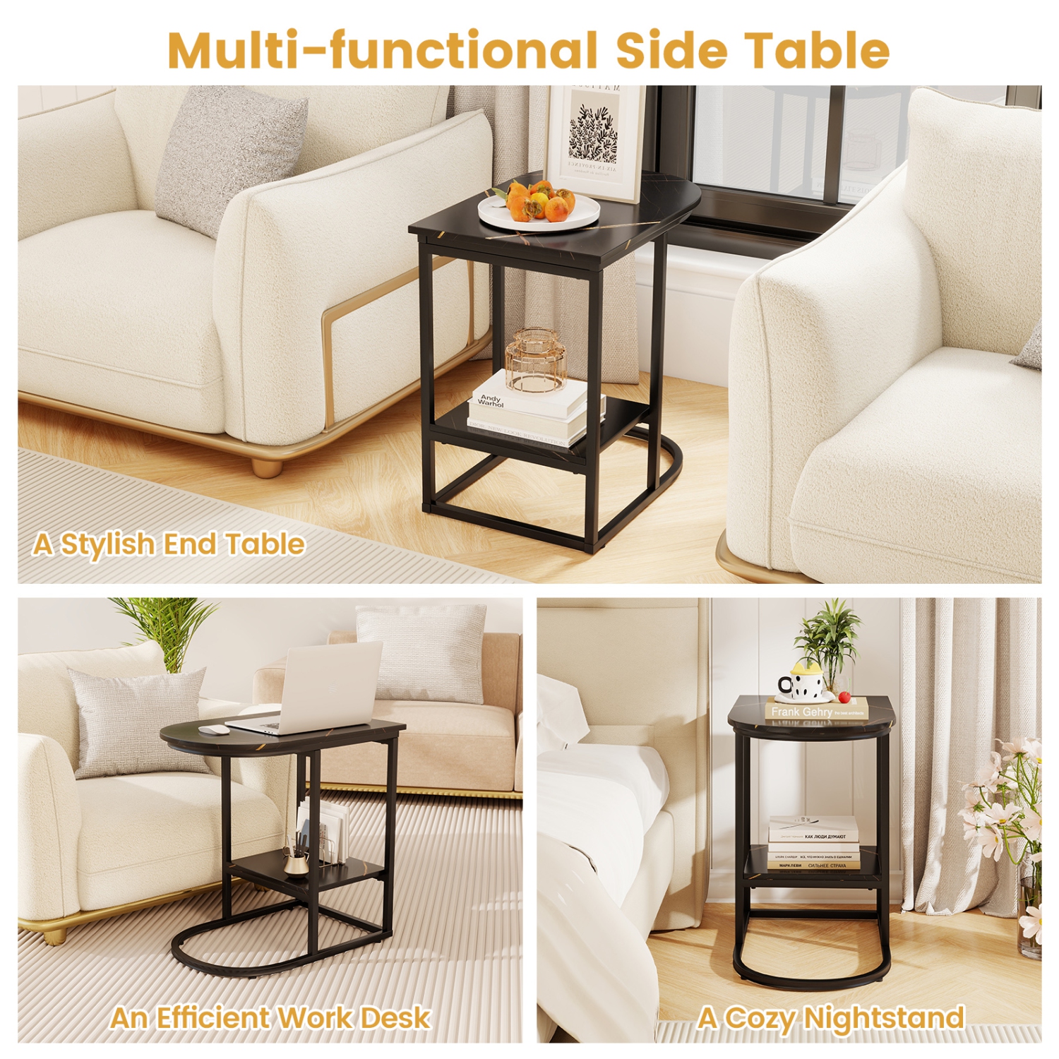 Gymax 2PCS C-Shaped Side Table Compact 2-tier Storage End Table for Small Space