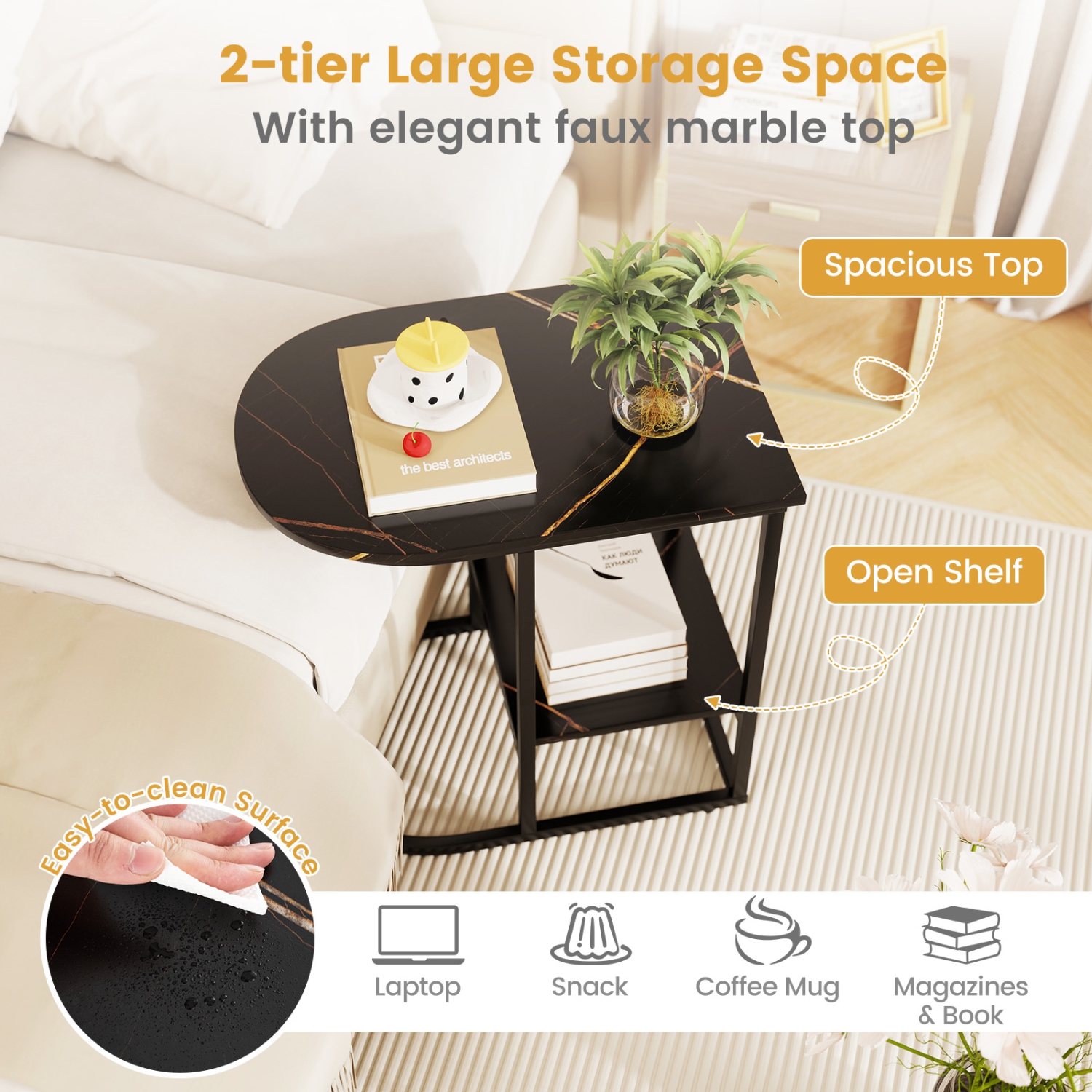 Gymax 2PCS C-Shaped Side Table Compact 2-tier Storage End Table for Small Space