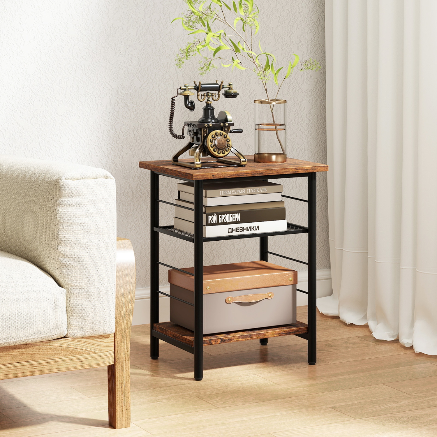Gymax 3-Tier Side End Table w/ Adjustable Mesh Shelf Narrow Nightstand