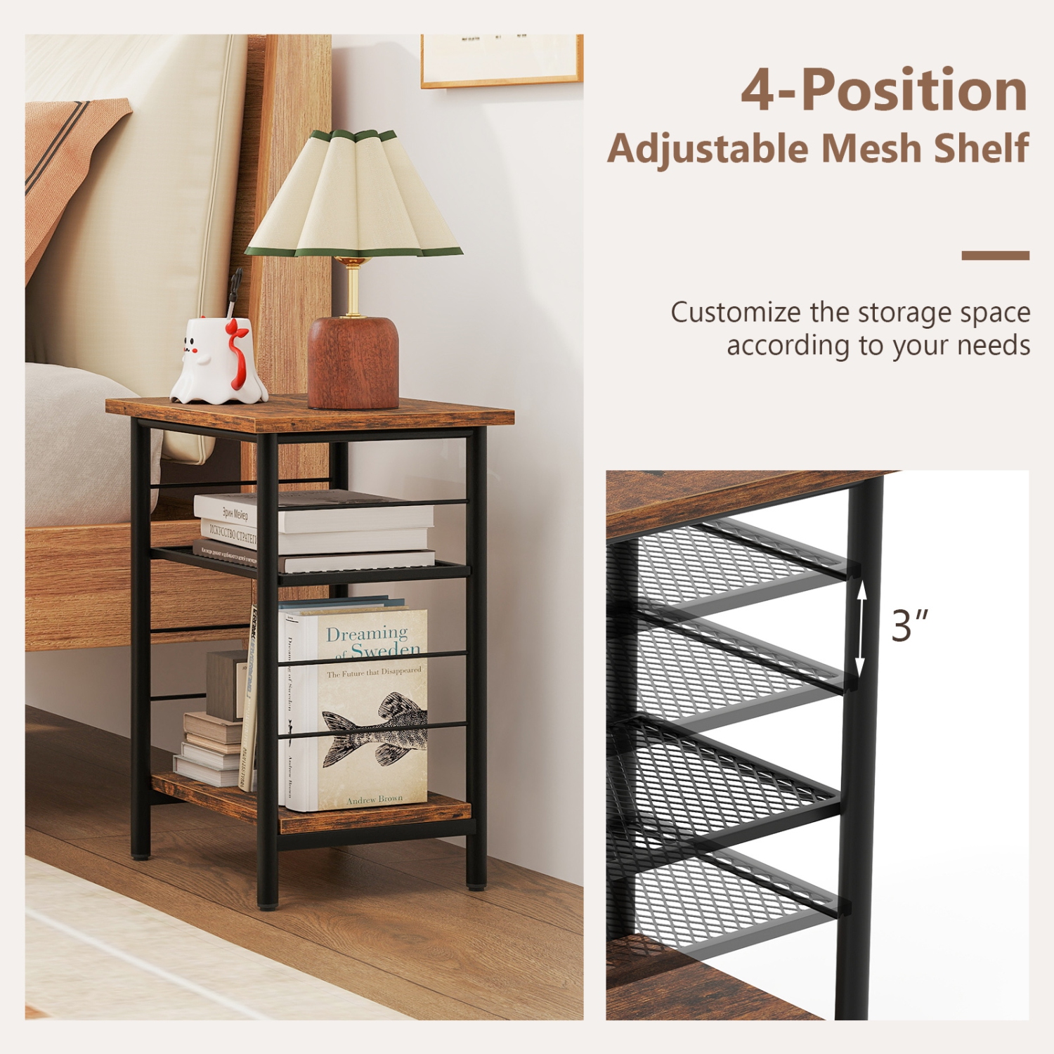 Gymax 3-Tier Side End Table w/ Adjustable Mesh Shelf Narrow Nightstand