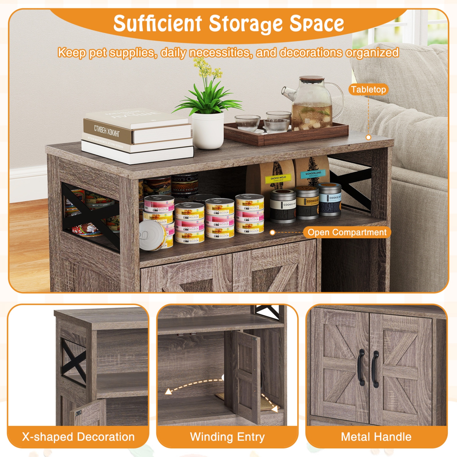 Gymax Cat Litter Box Enclosure w/ Storage Double Doors Sisal Scratching Mat Indoor