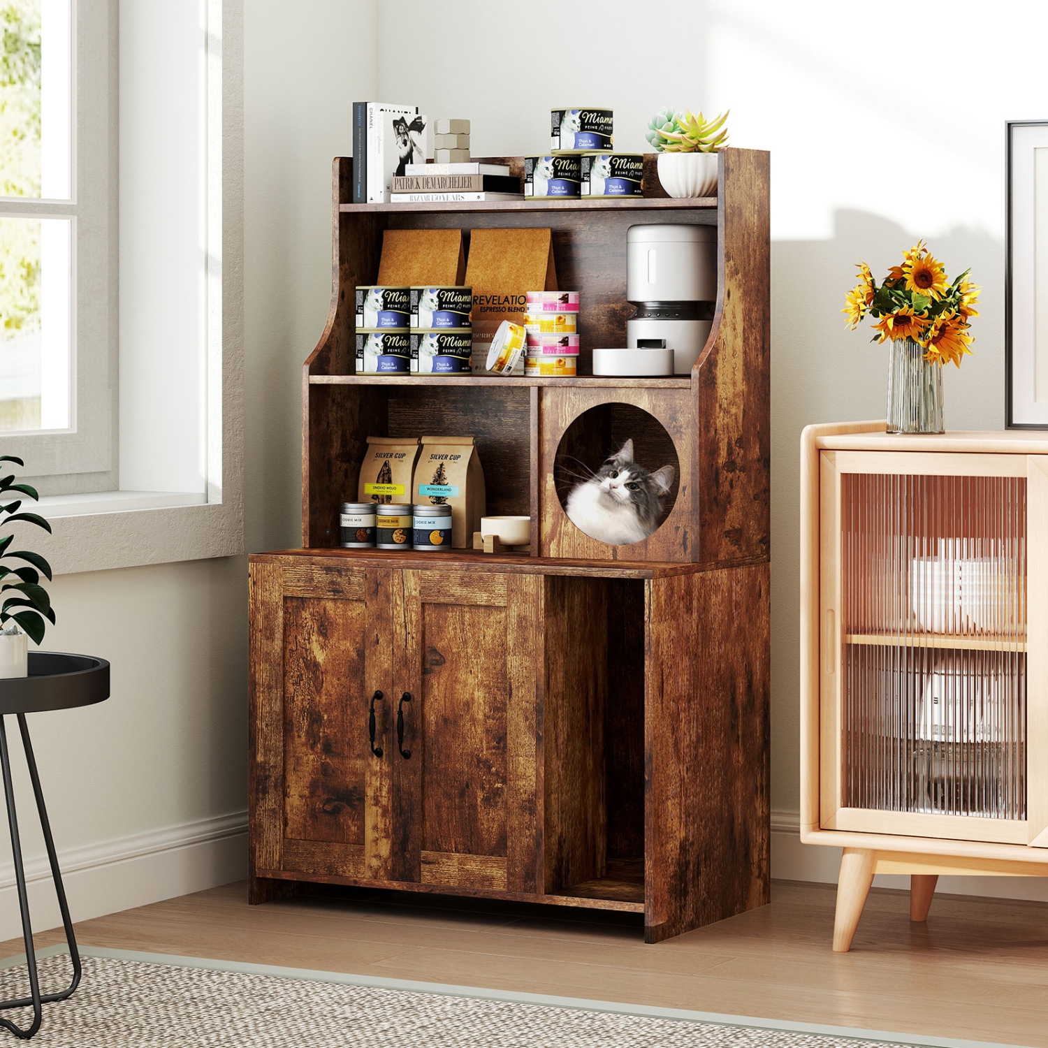 Gymax Large Wooden Cat Litter Box Enclosure w/ Storage Shelves Condo End Table