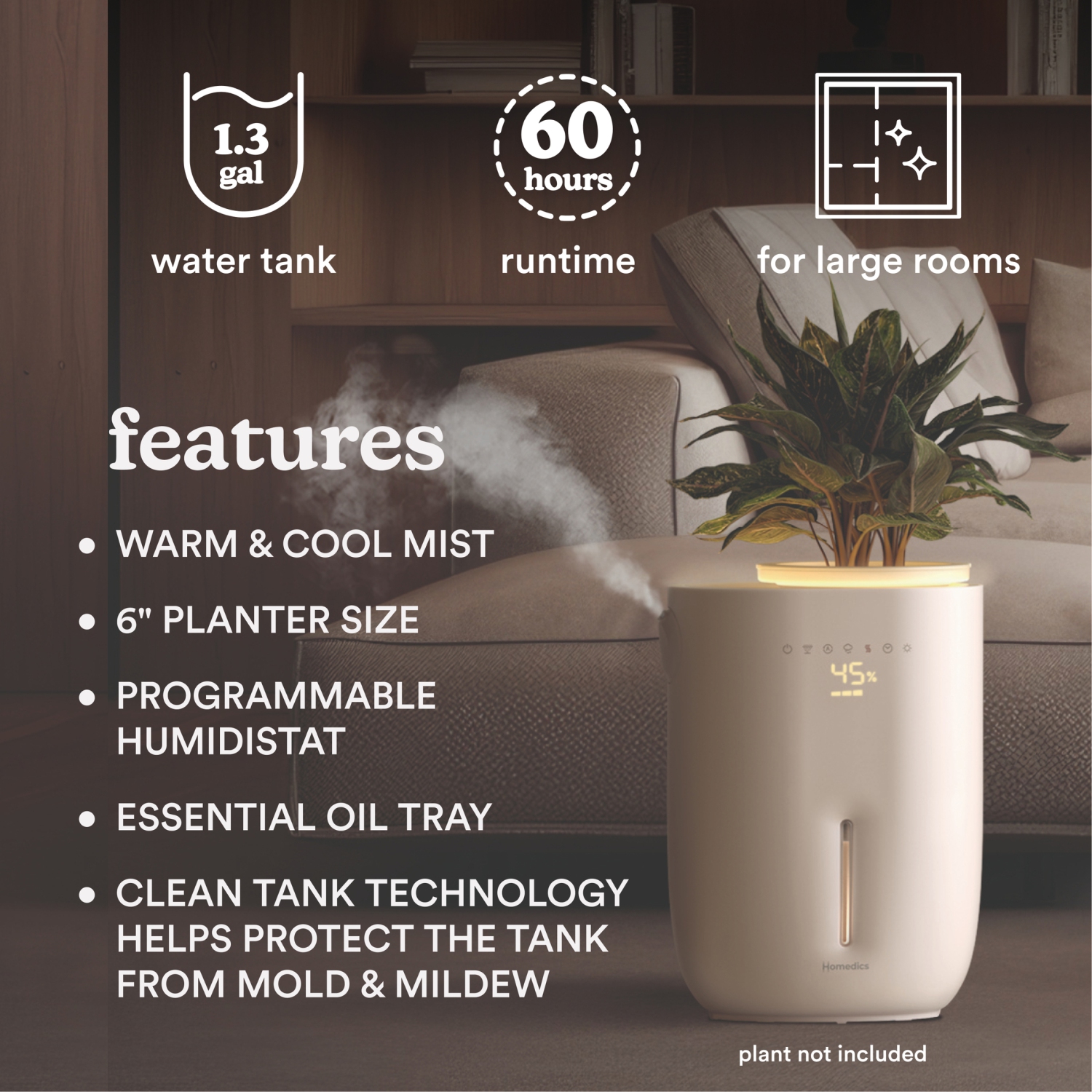 Humidificateur ultrasonique à vapeur chaude et froide Nature de HoMedics – Autonomie de 60 heures