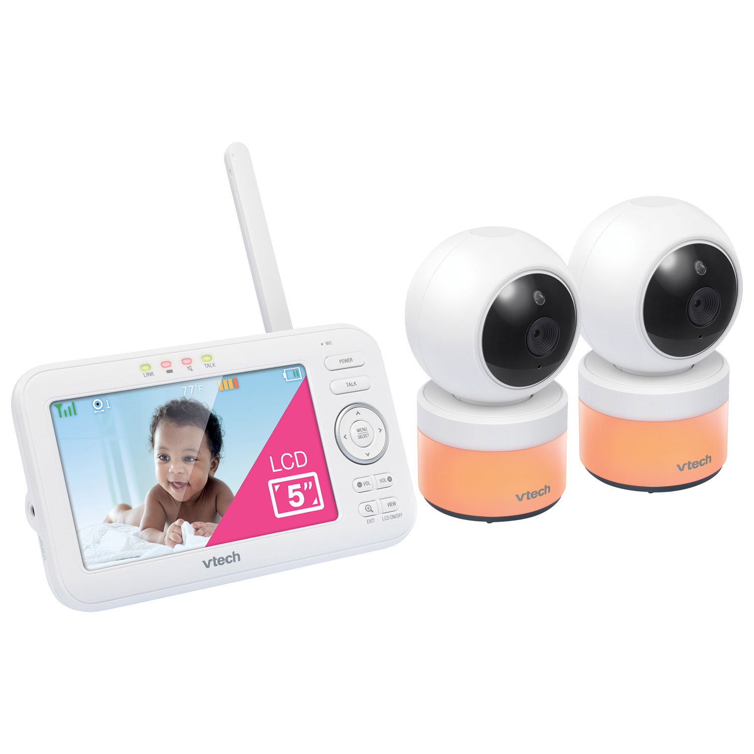 Interphone surveillance vidéo 5 po avec 2 caméras, panorama/inclinaison, veilleuse et communication bidirectionnelle de VTech