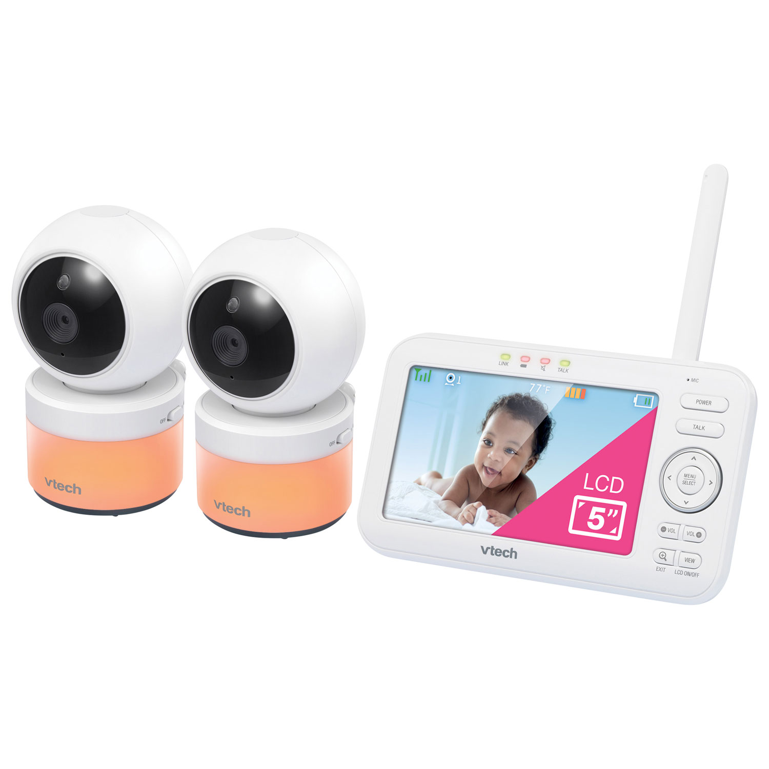 Interphone surveillance vidéo 5 po avec 2 caméras, panorama/inclinaison, veilleuse et communication bidirectionnelle de VTech