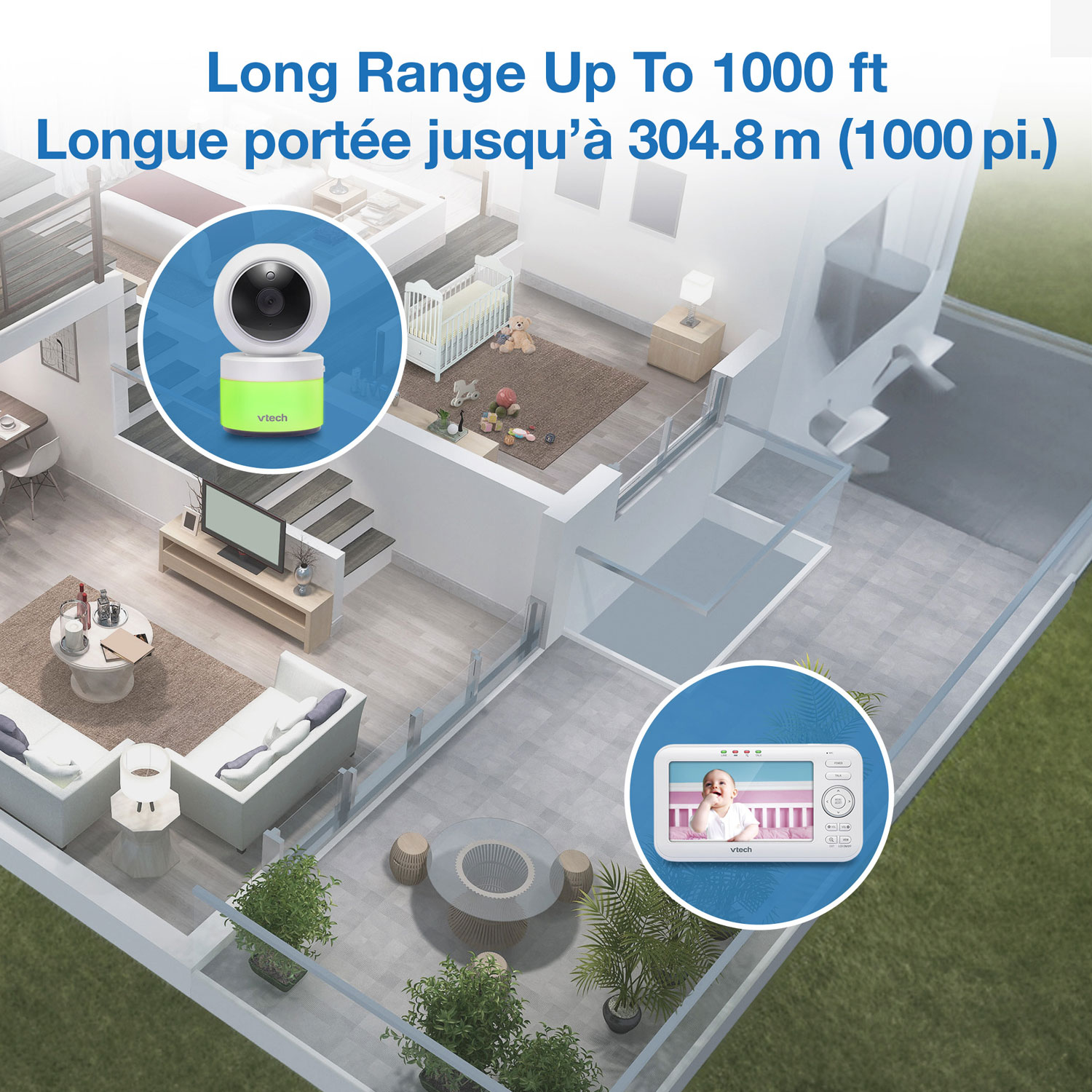 Interphone surveillance vidéo 5 po avec 2 caméras, panorama/inclinaison, veilleuse et communication bidirectionnelle de VTech