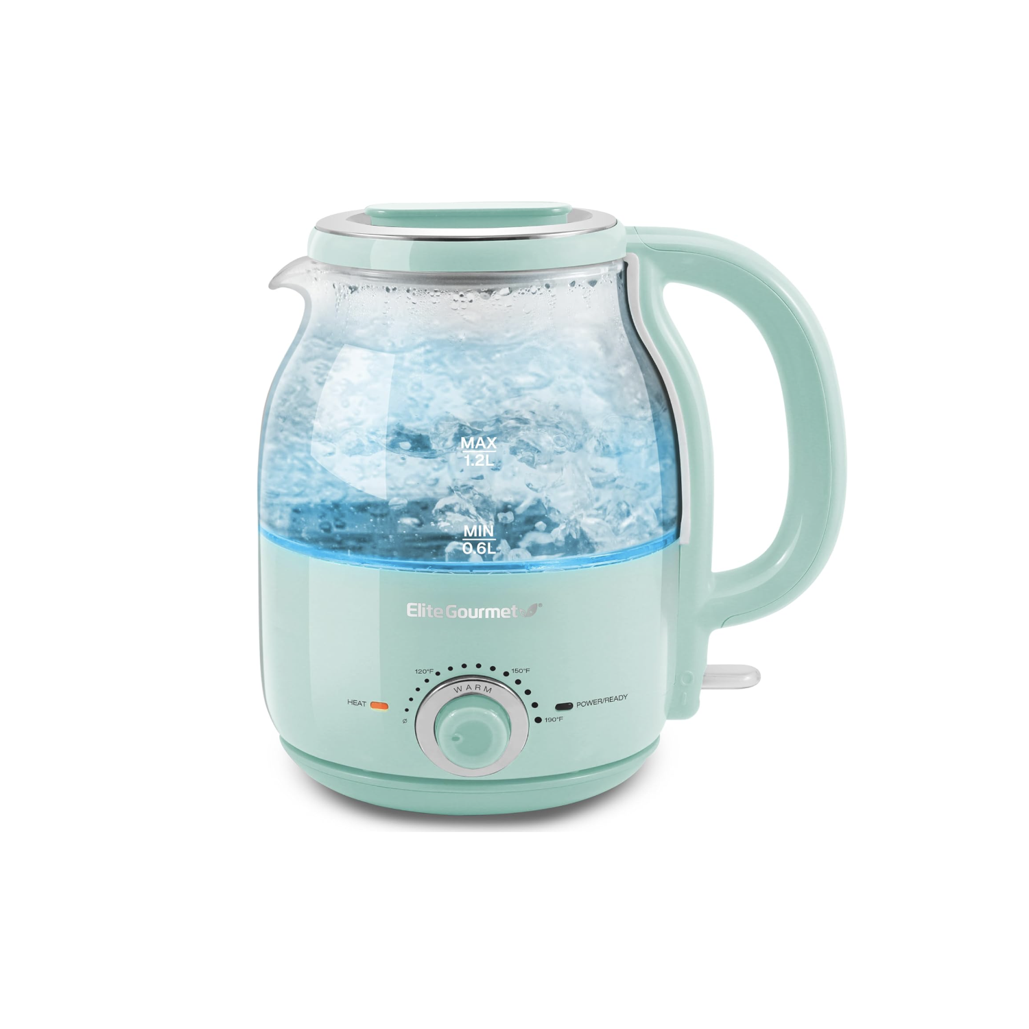 Elite Gourmet EKT1220M 1.2L Electric BPA-Free 1200W Glass Kettle, Temperature Dial Keep Warm Function, Cordless 360° Base, Blue LED Interior, Auto