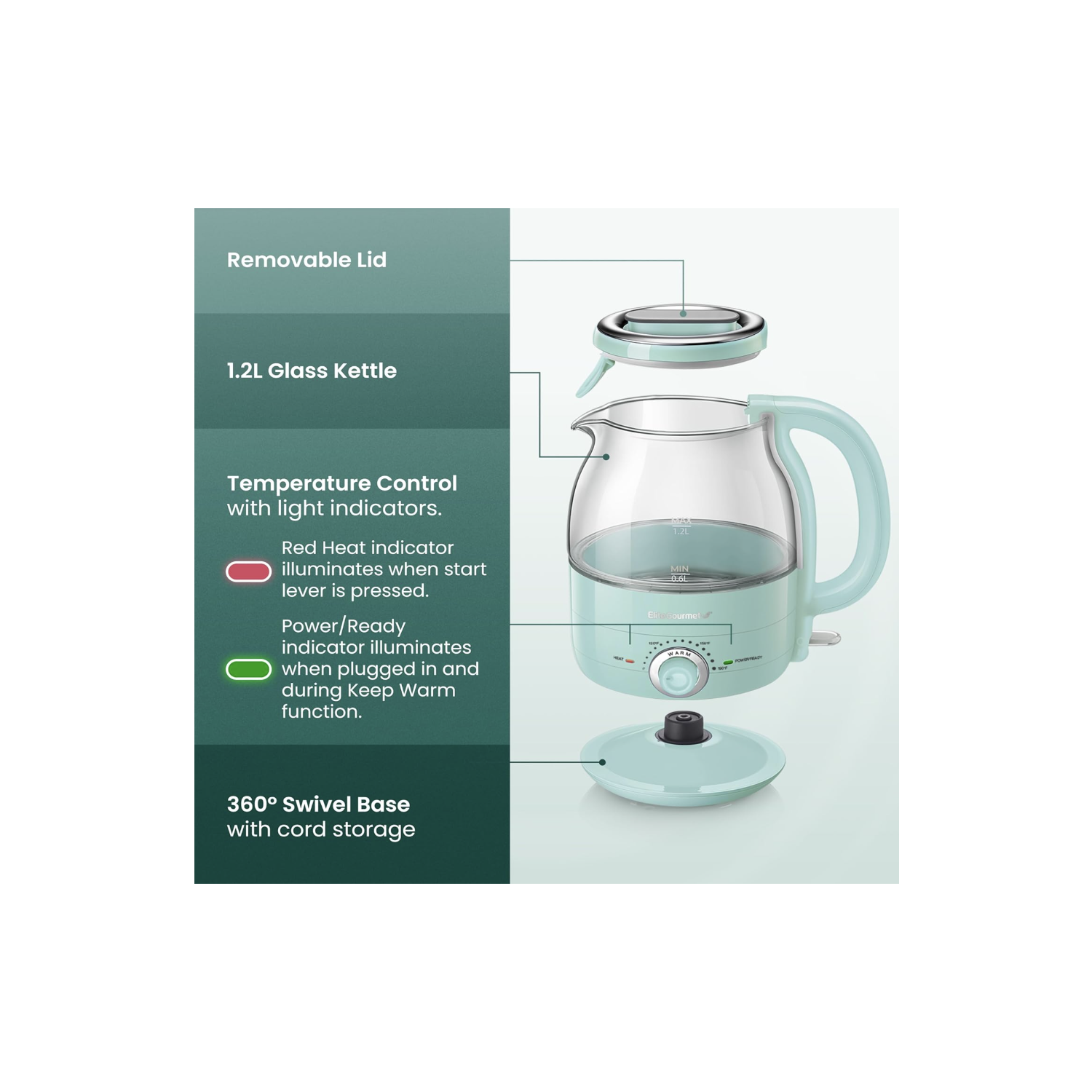 Elite Gourmet EKT1220M 1.2L Electric BPA-Free 1200W Glass Kettle, Temperature Dial Keep Warm Function, Cordless 360° Base, Blue LED Interior, Auto