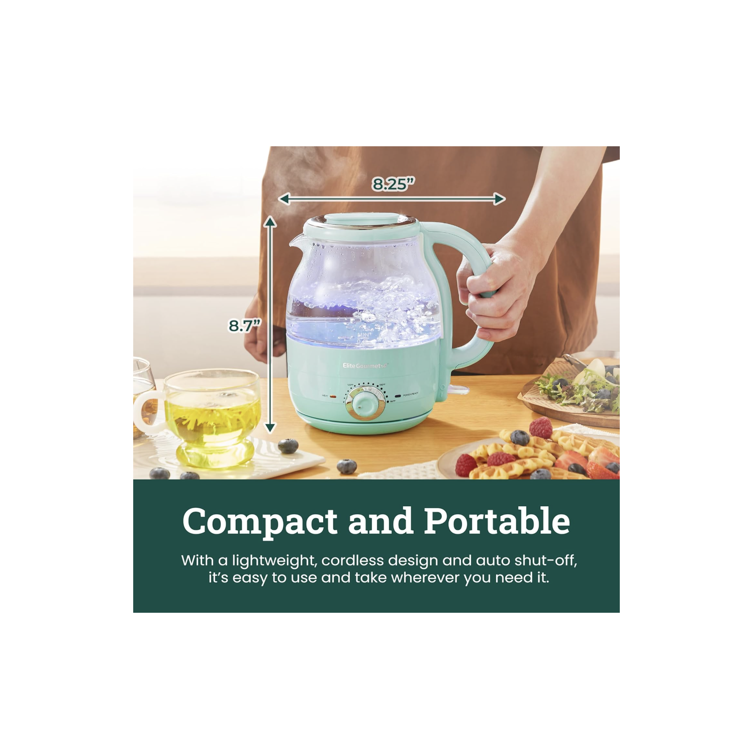 Elite Gourmet EKT1220M 1.2L Electric BPA-Free 1200W Glass Kettle, Temperature Dial Keep Warm Function, Cordless 360° Base, Blue LED Interior, Auto