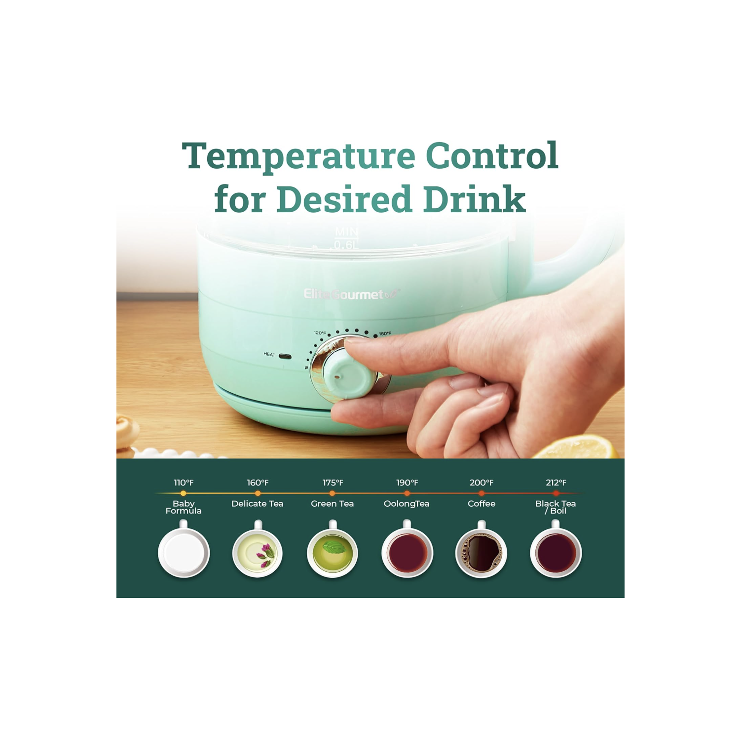 Elite Gourmet EKT1220M 1.2L Electric BPA-Free 1200W Glass Kettle, Temperature Dial Keep Warm Function, Cordless 360° Base, Blue LED Interior, Auto