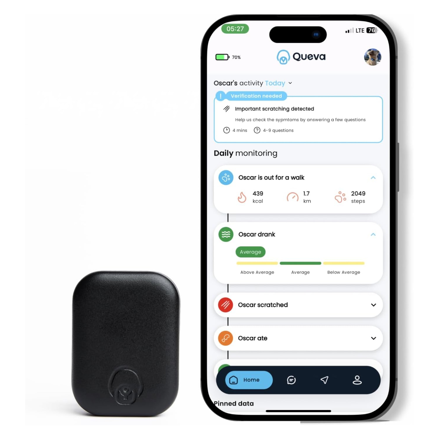 Queva – Moniteur d'activité pour chien intelligent Health+Behavior V1, noir